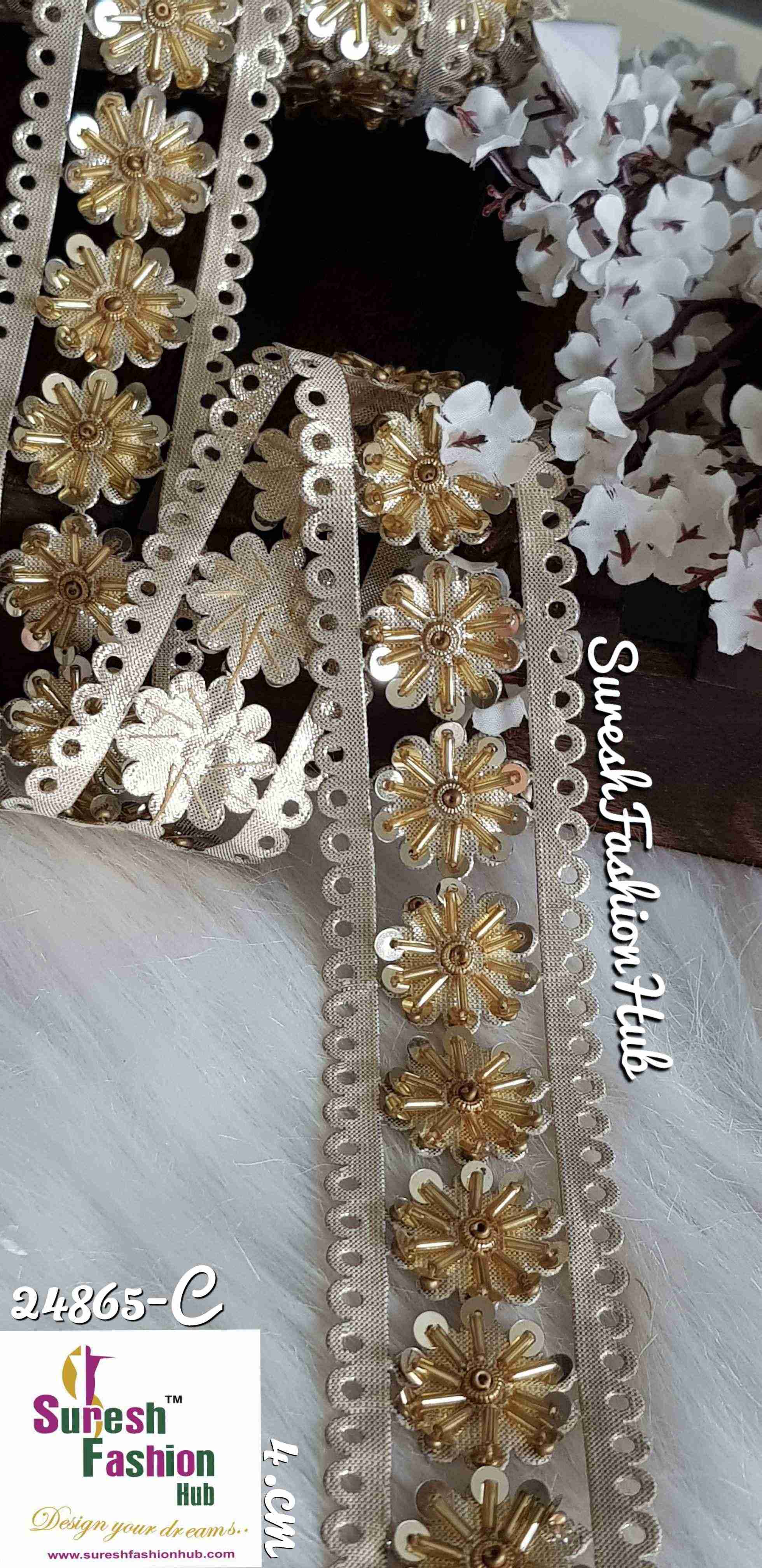 Light Gold with Cutdana Flowers Designer Trim