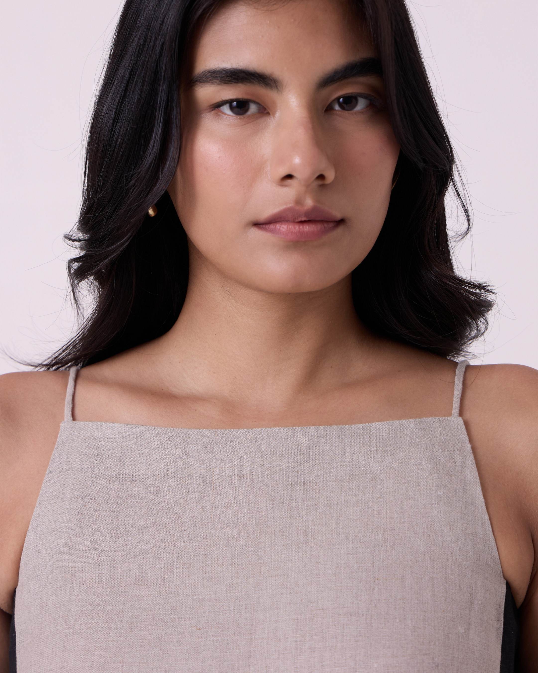 Kei Beige Linen Panelled Midi Dress