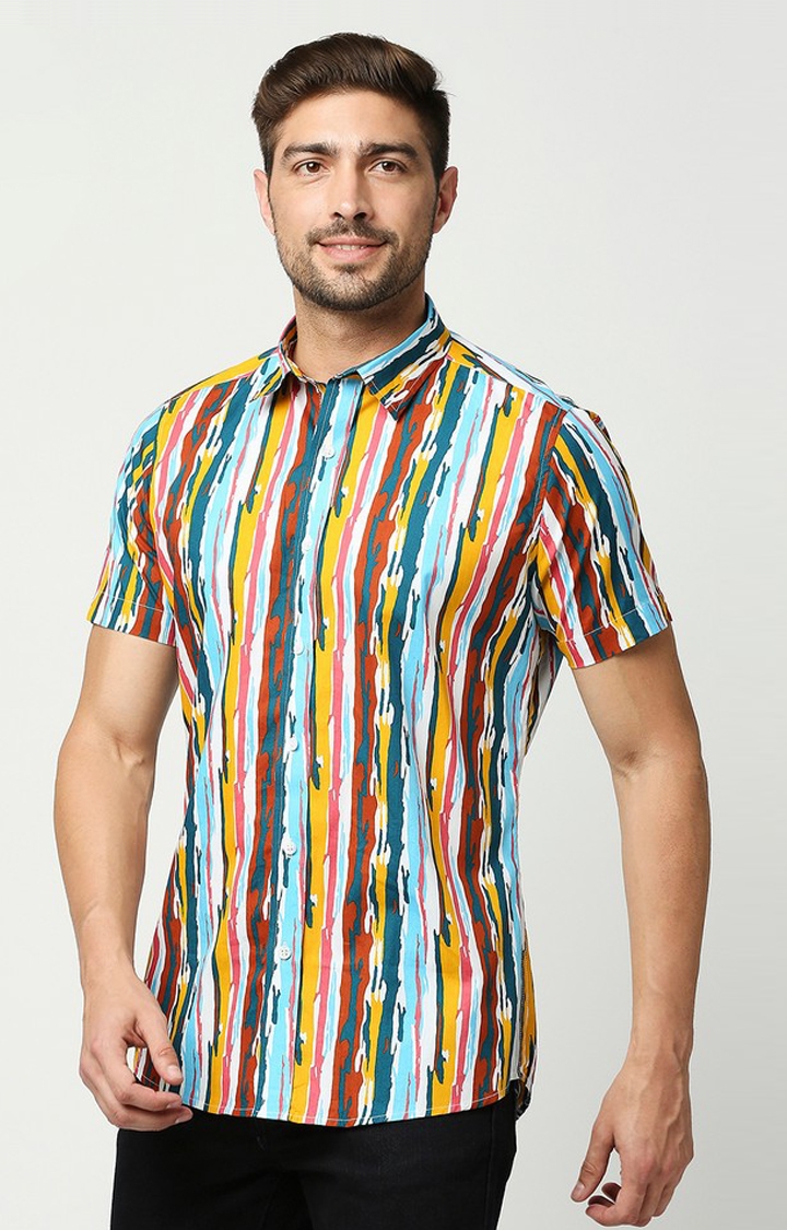EVOQ | EVOQ's Unique Vertical Striped Multi-colour Printed Half Sleeves Cotton Casual Shirt for Men 3