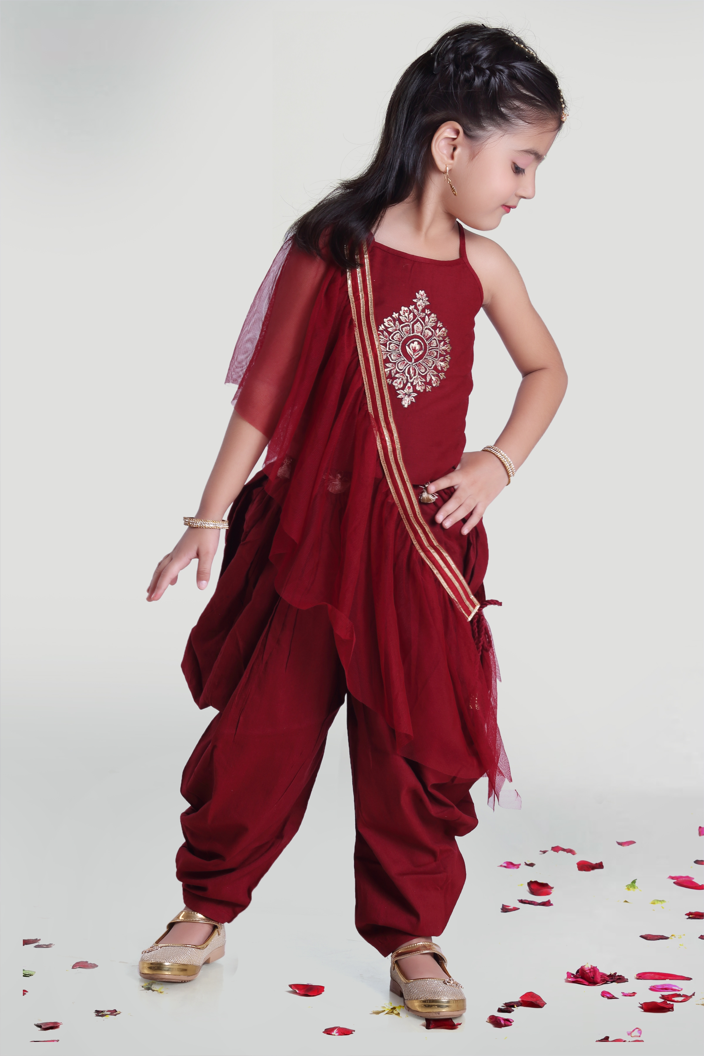 MINI CHIC | Maroon silk cowl with top and dupatta for girls
 1