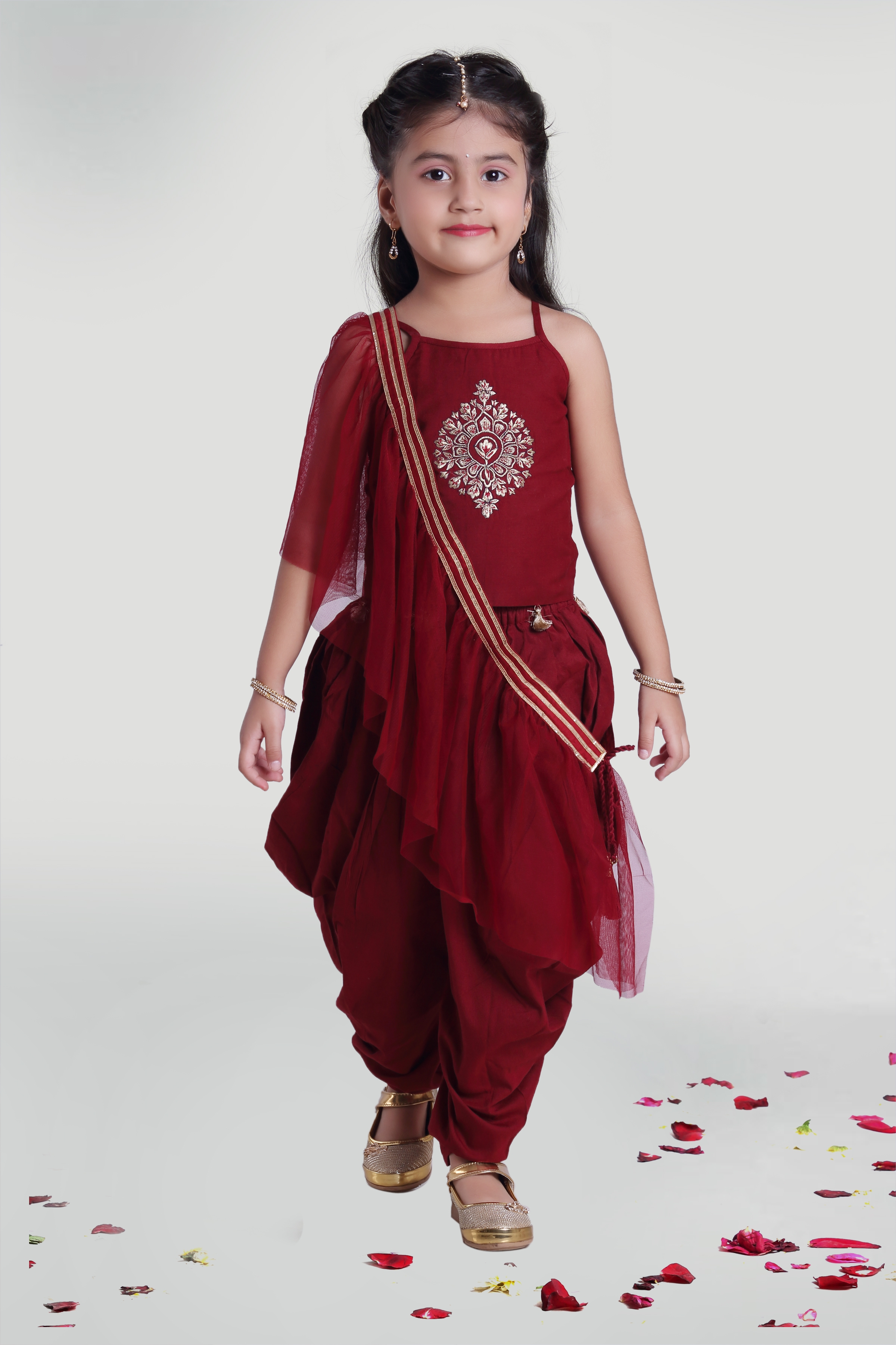 MINI CHIC | Maroon silk cowl with top and dupatta for girls
 0