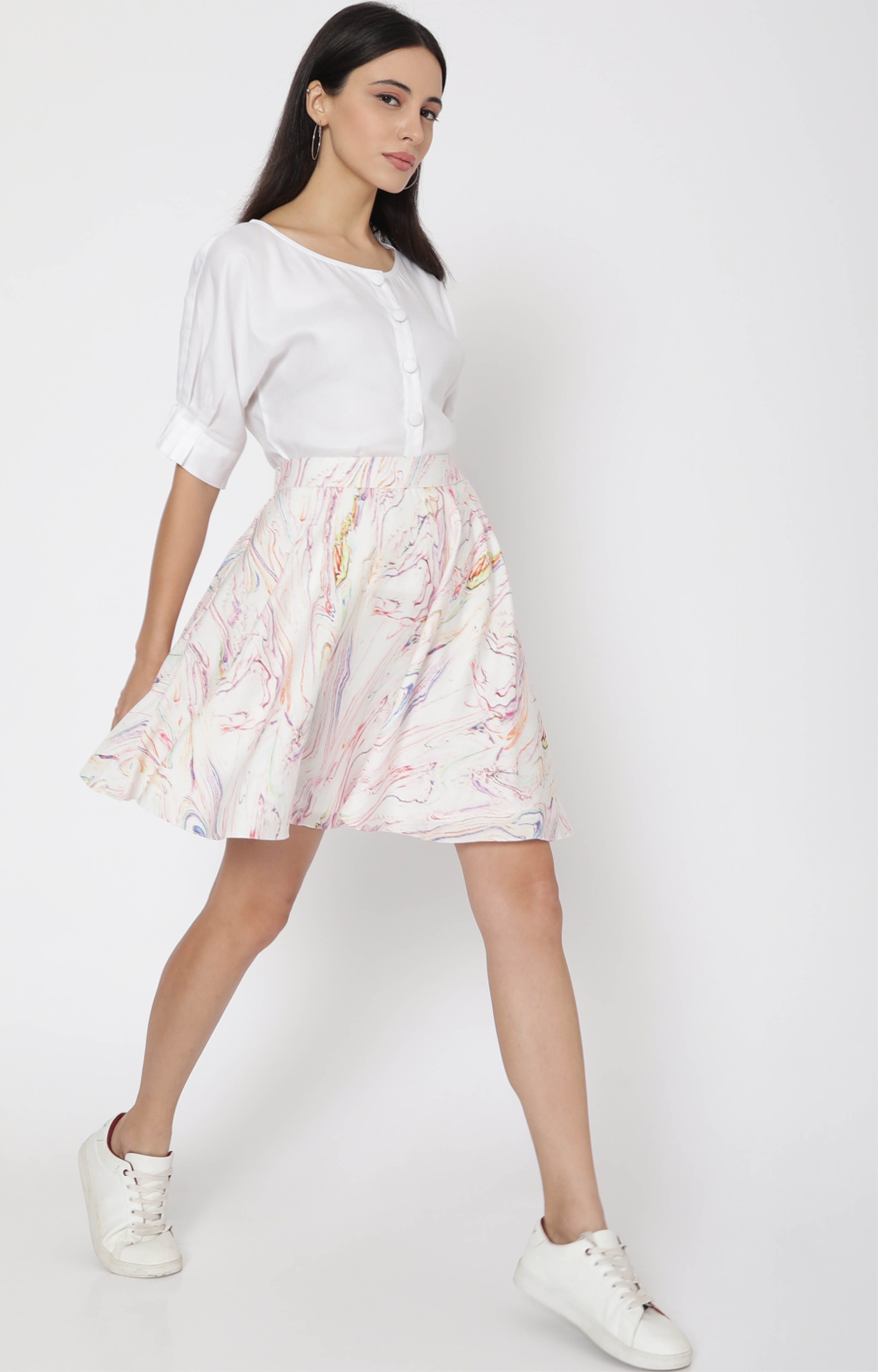 White Button Embellished Tencel Blouse & Marble Print Asymmetrical Skirt 