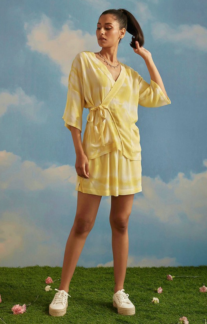 The Clothing Factory | Yellow Tie-Dye Side Knot Kimono & High Waist Shorts Set