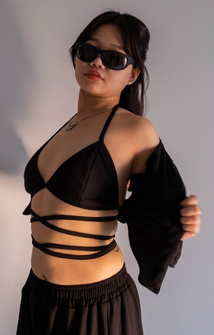 Women's Black Tie Up Rib Bralette