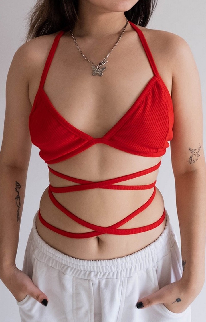 Women's Red Tie Up Rib Bralette Top