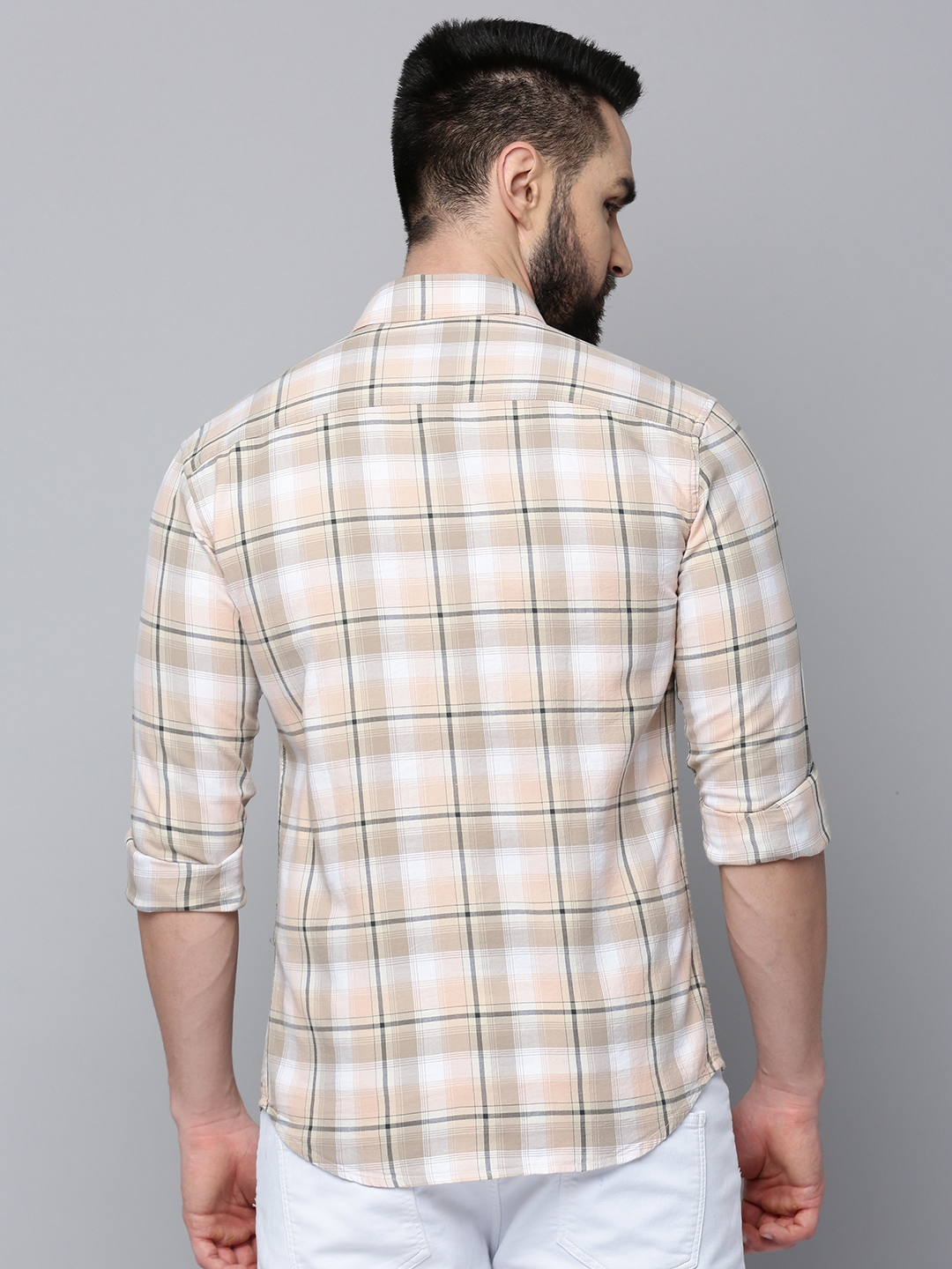 Showoff | SHOWOFF Men's Spread Collar Long Sleeves Checked Beige Shirt 3