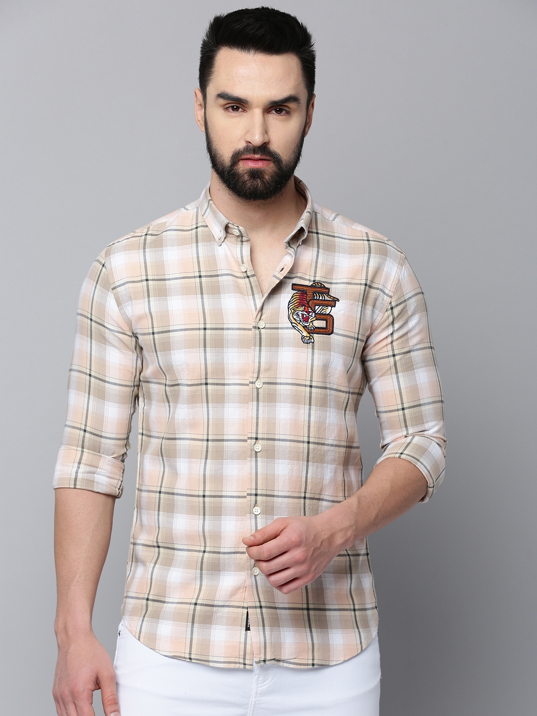 Showoff | SHOWOFF Men's Spread Collar Long Sleeves Checked Beige Shirt 1