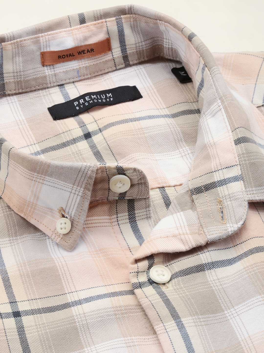 Showoff | SHOWOFF Men's Spread Collar Long Sleeves Checked Beige Shirt 5