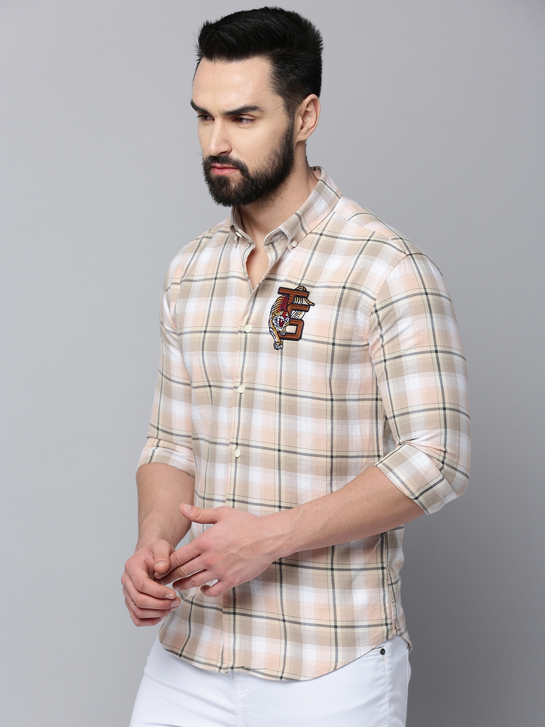 Showoff | SHOWOFF Men's Spread Collar Long Sleeves Checked Beige Shirt 2