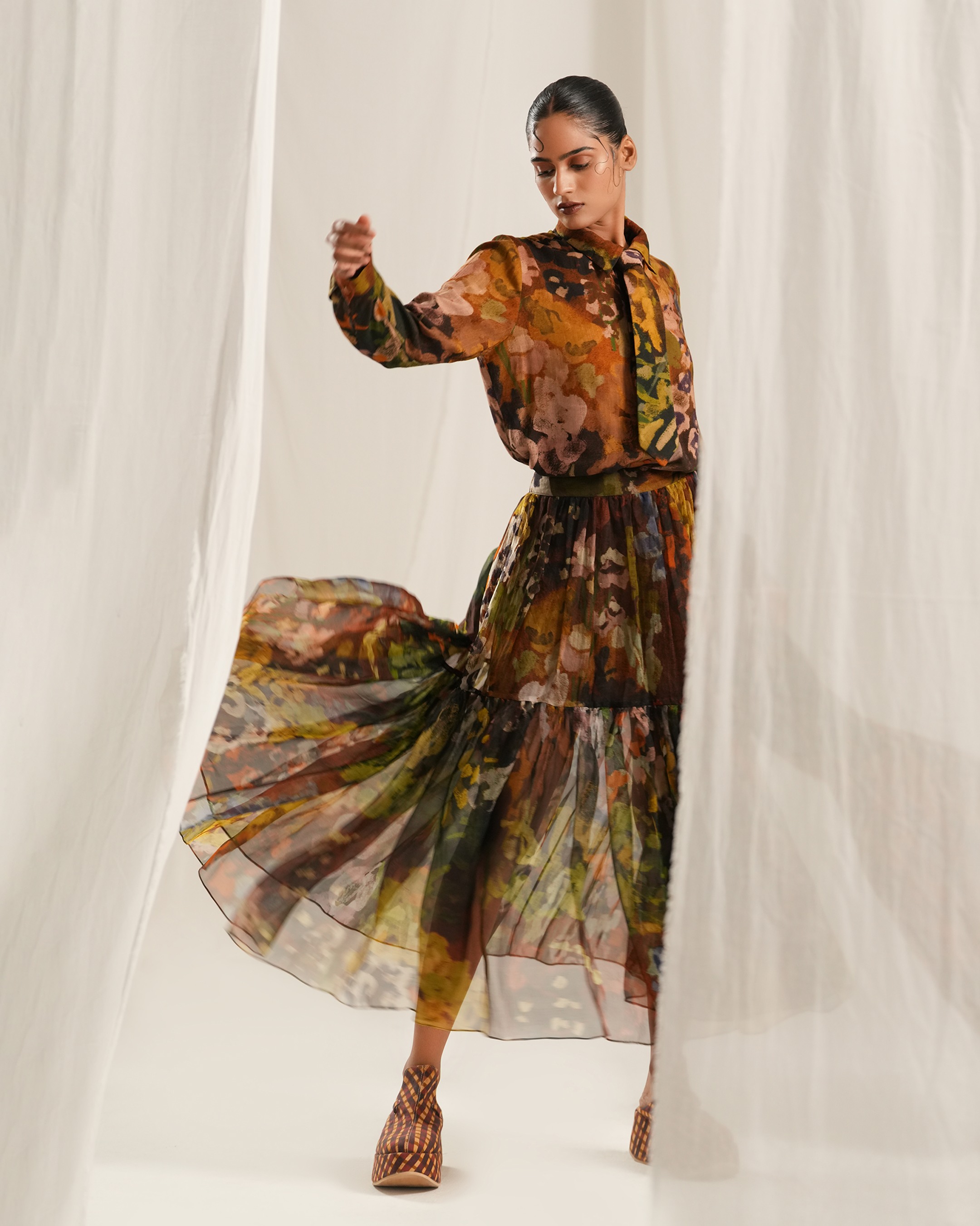 Brown Floral Sheer Skirt