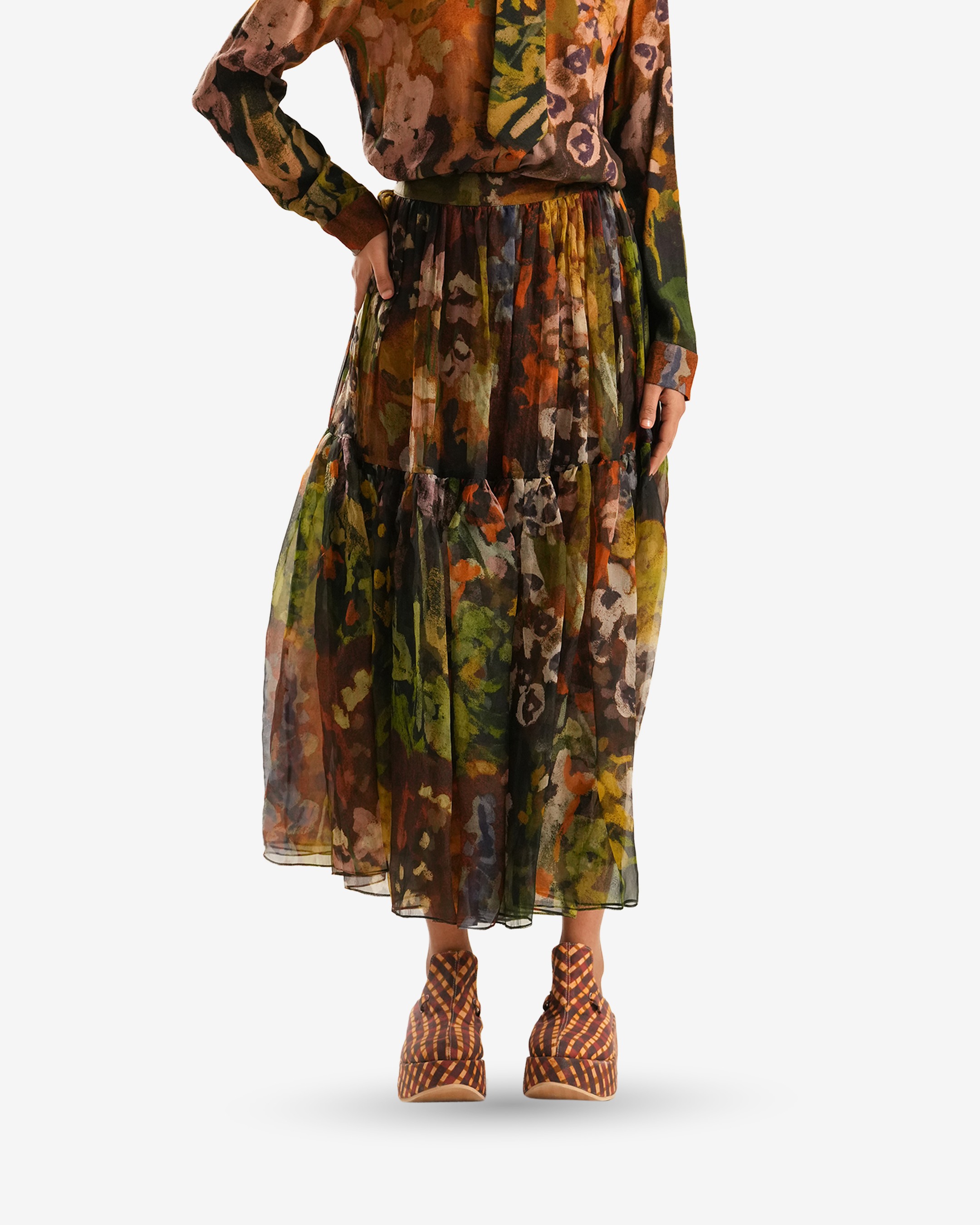 Brown Floral Sheer Skirt