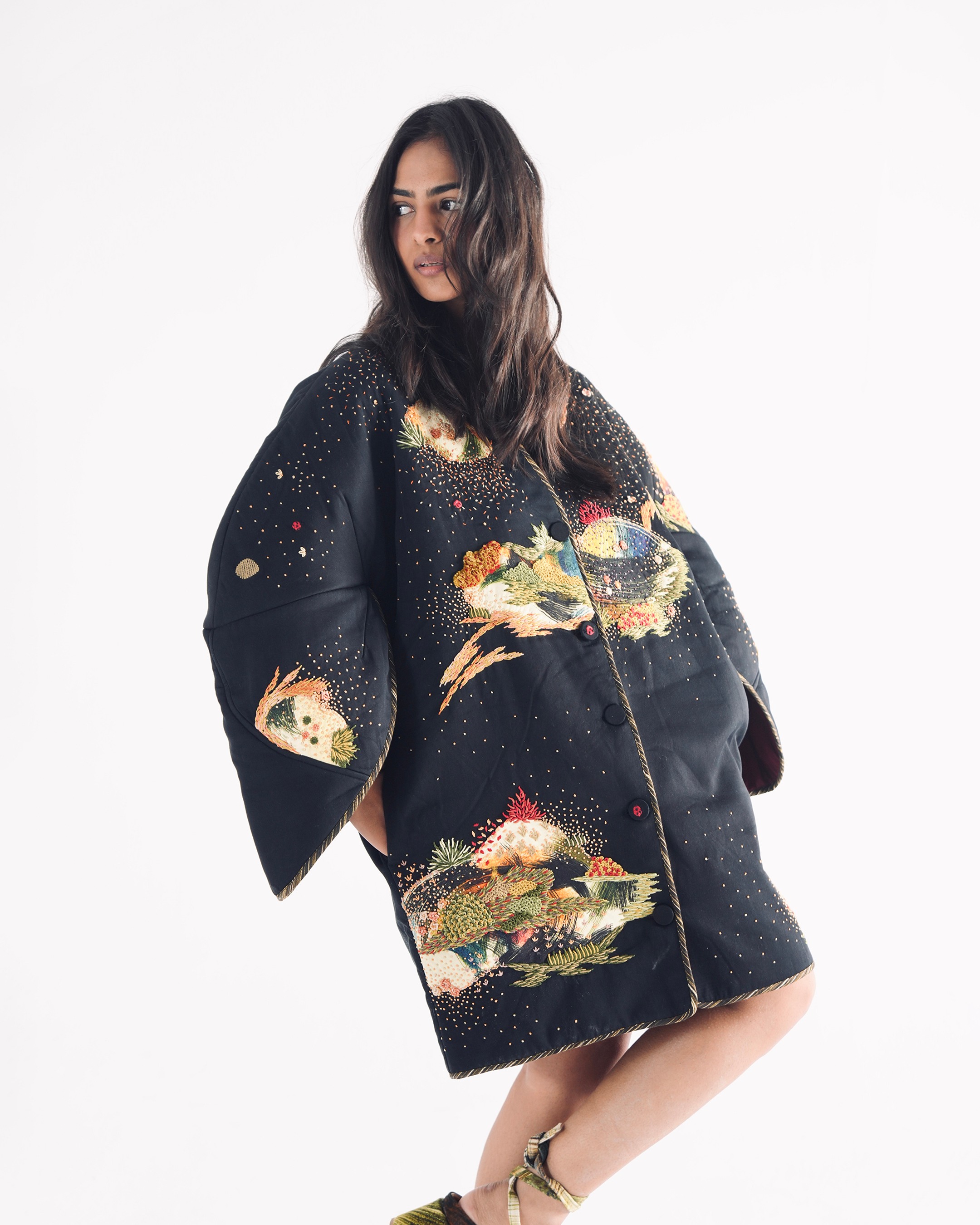 Soot Black Puffer Embroidered Jacket