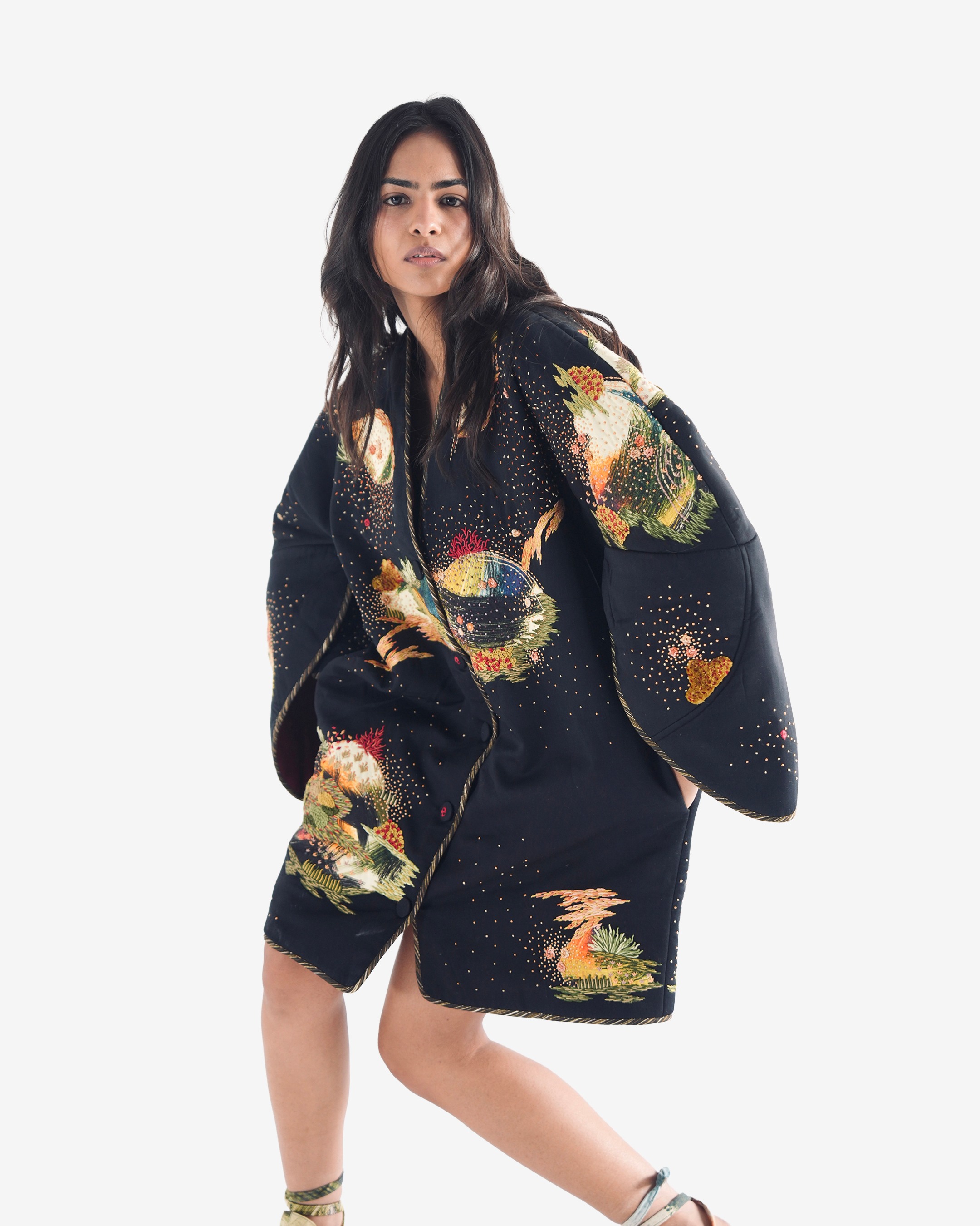 Soot Black Puffer Embroidered Jacket