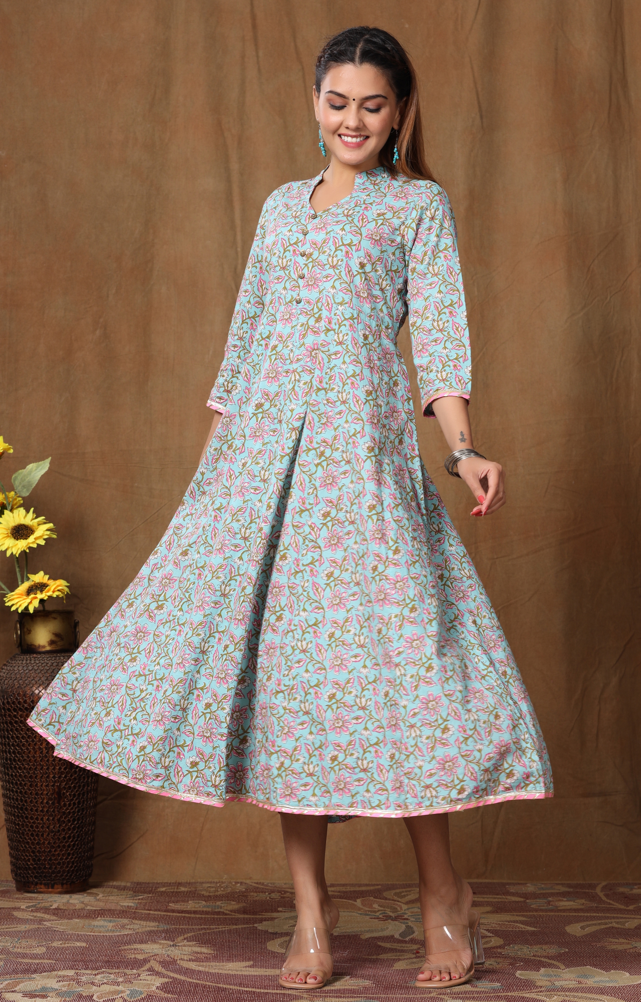 Miravan | Miravan Women's Pure Cotton Floral Printed Long Anarkali Kurta Dress 2