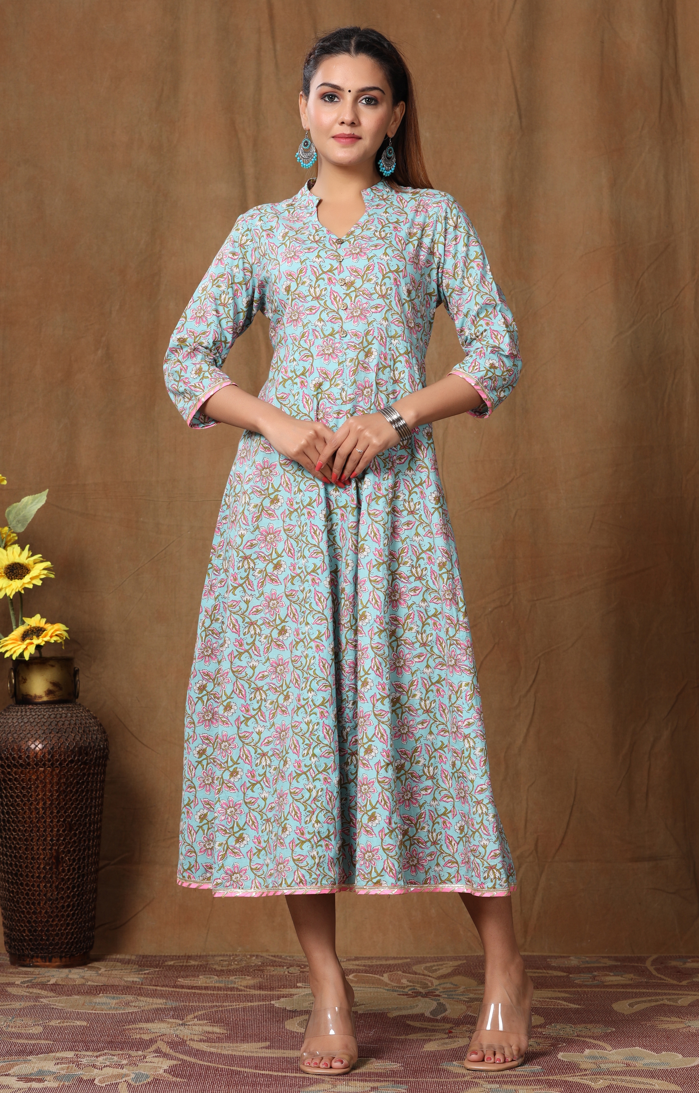 Miravan | Miravan Women's Pure Cotton Floral Printed Long Anarkali Kurta Dress 0
