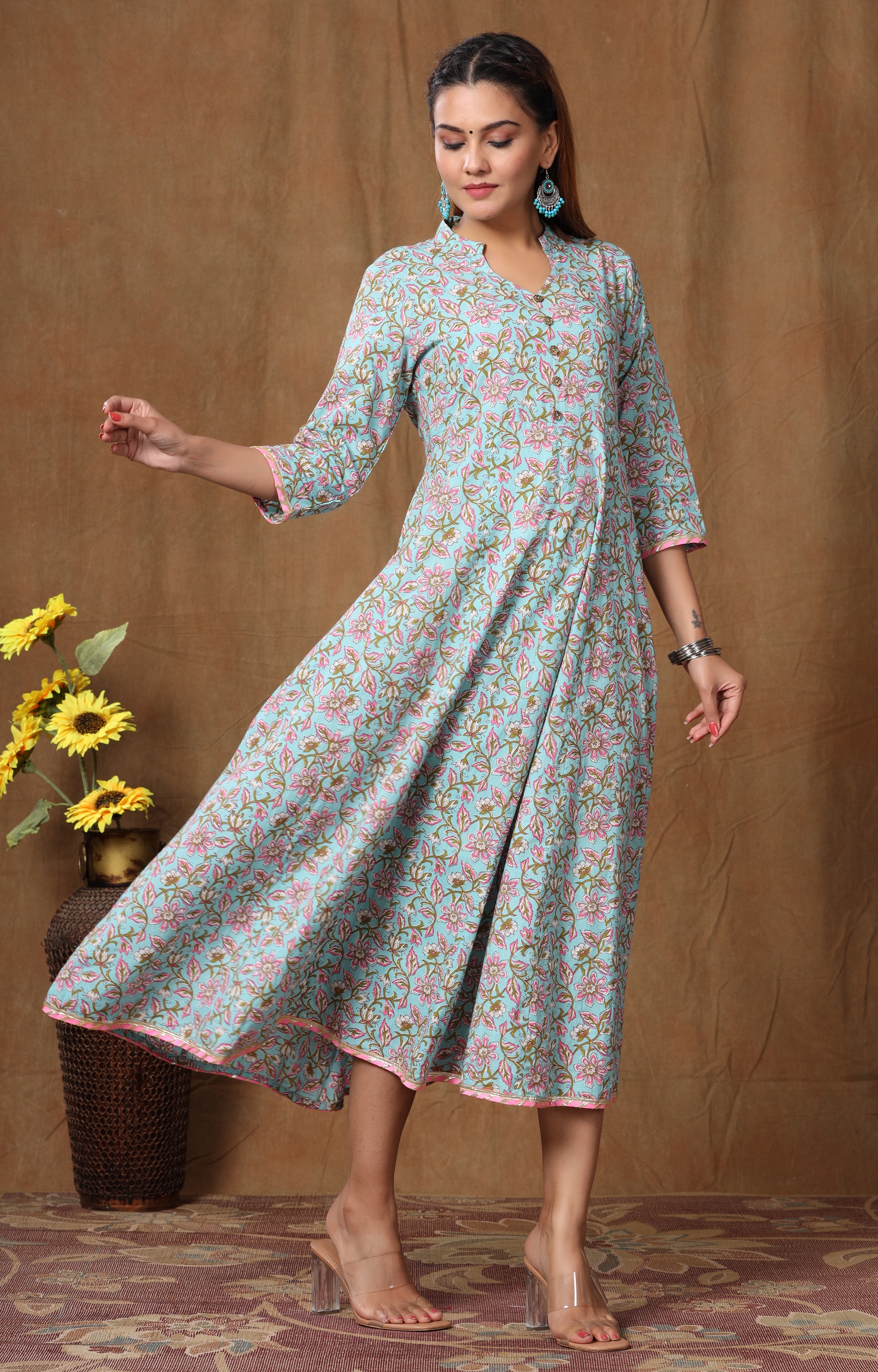 Miravan | Miravan Women's Pure Cotton Floral Printed Long Anarkali Kurta Dress 3