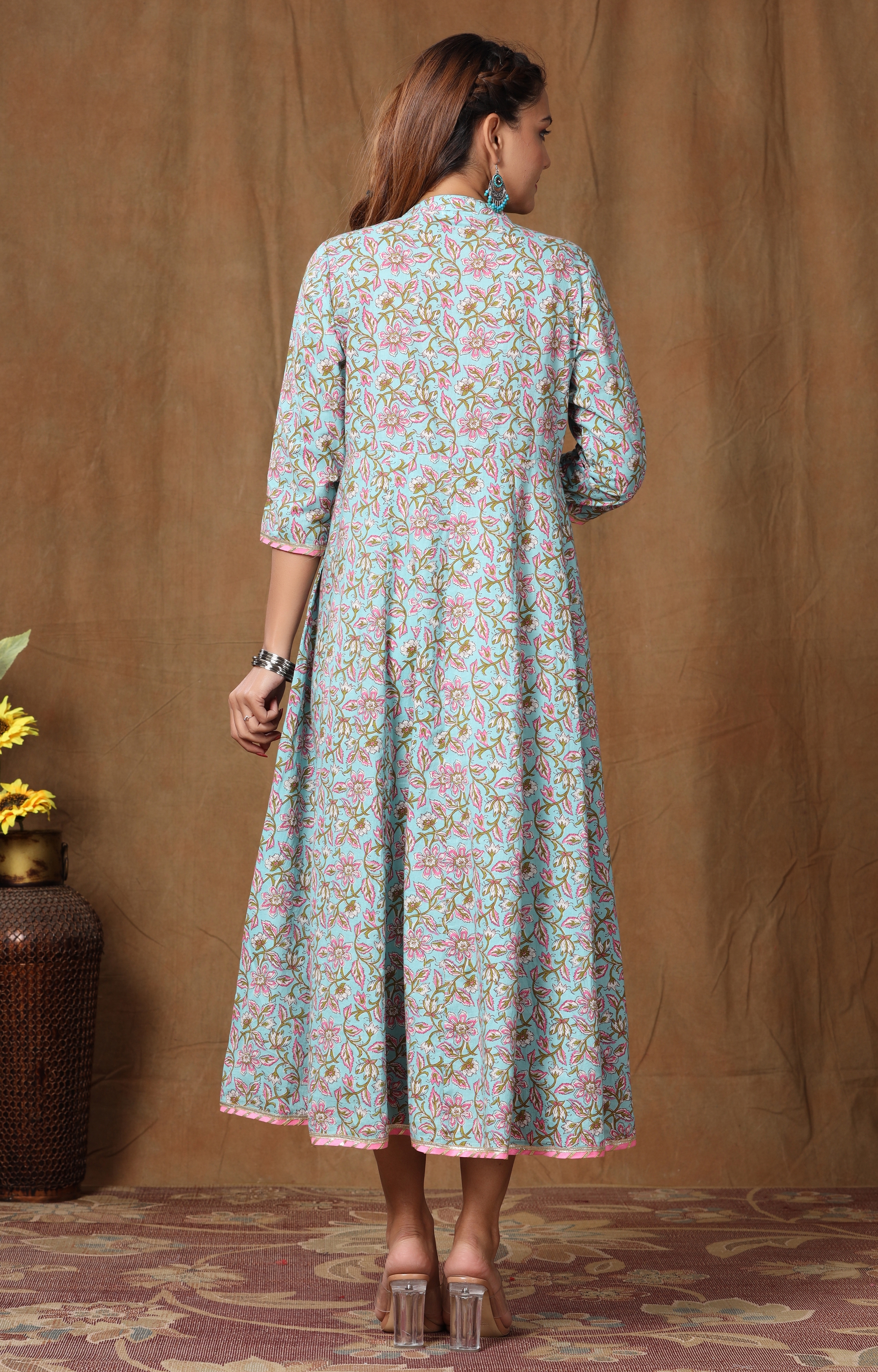 Miravan | Miravan Women's Pure Cotton Floral Printed Long Anarkali Kurta Dress 4