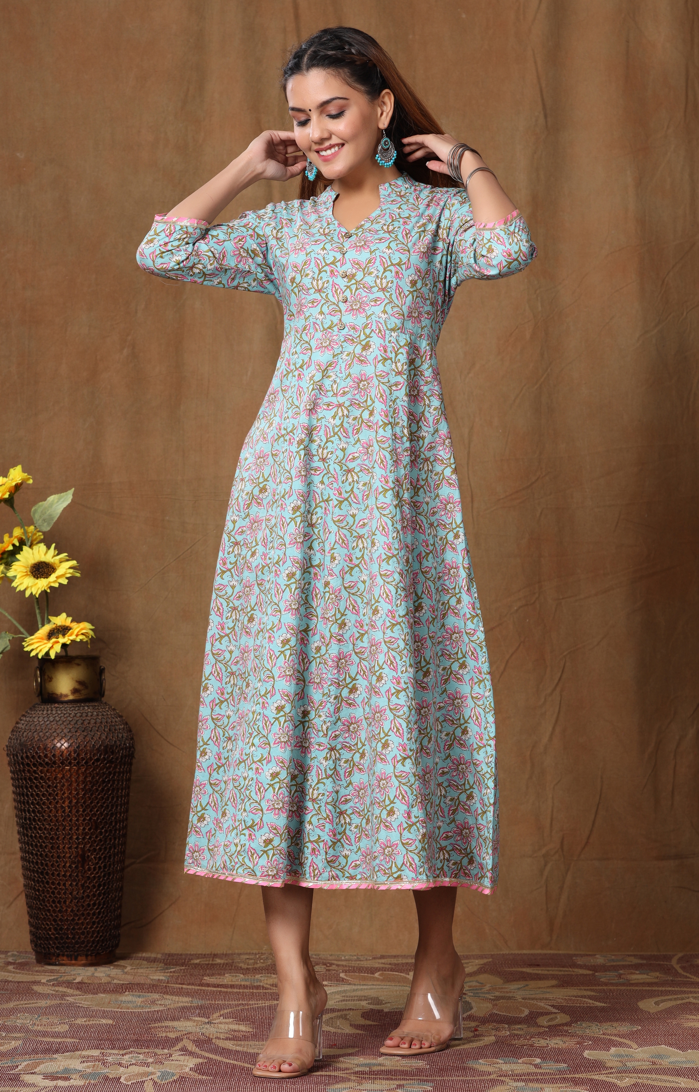 Miravan | Miravan Women's Pure Cotton Floral Printed Long Anarkali Kurta Dress 1
