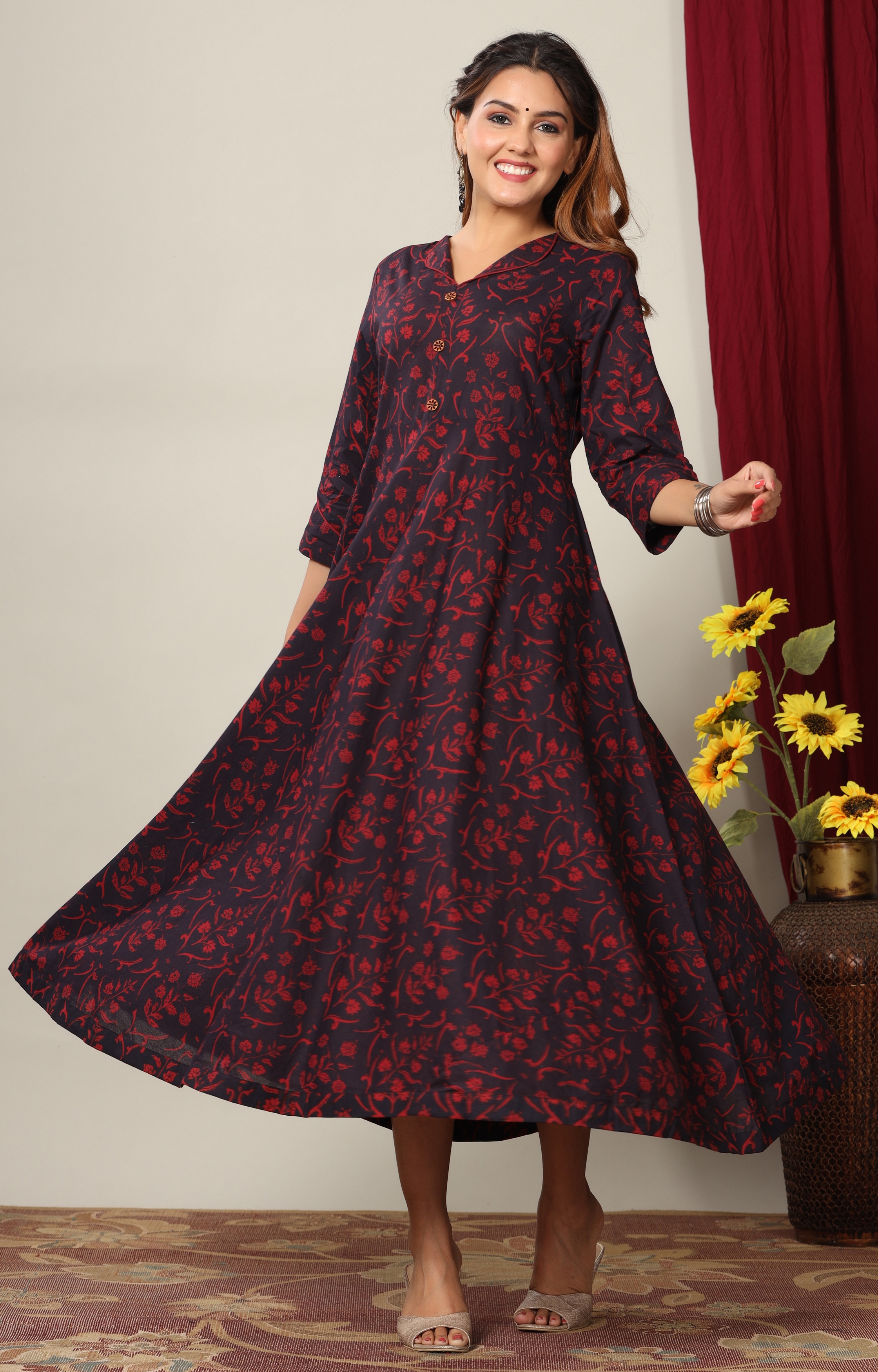 Miravan | Miravan Women's Pure Cotton Floral Print Anarkali Kurta Dress for Girl's 0