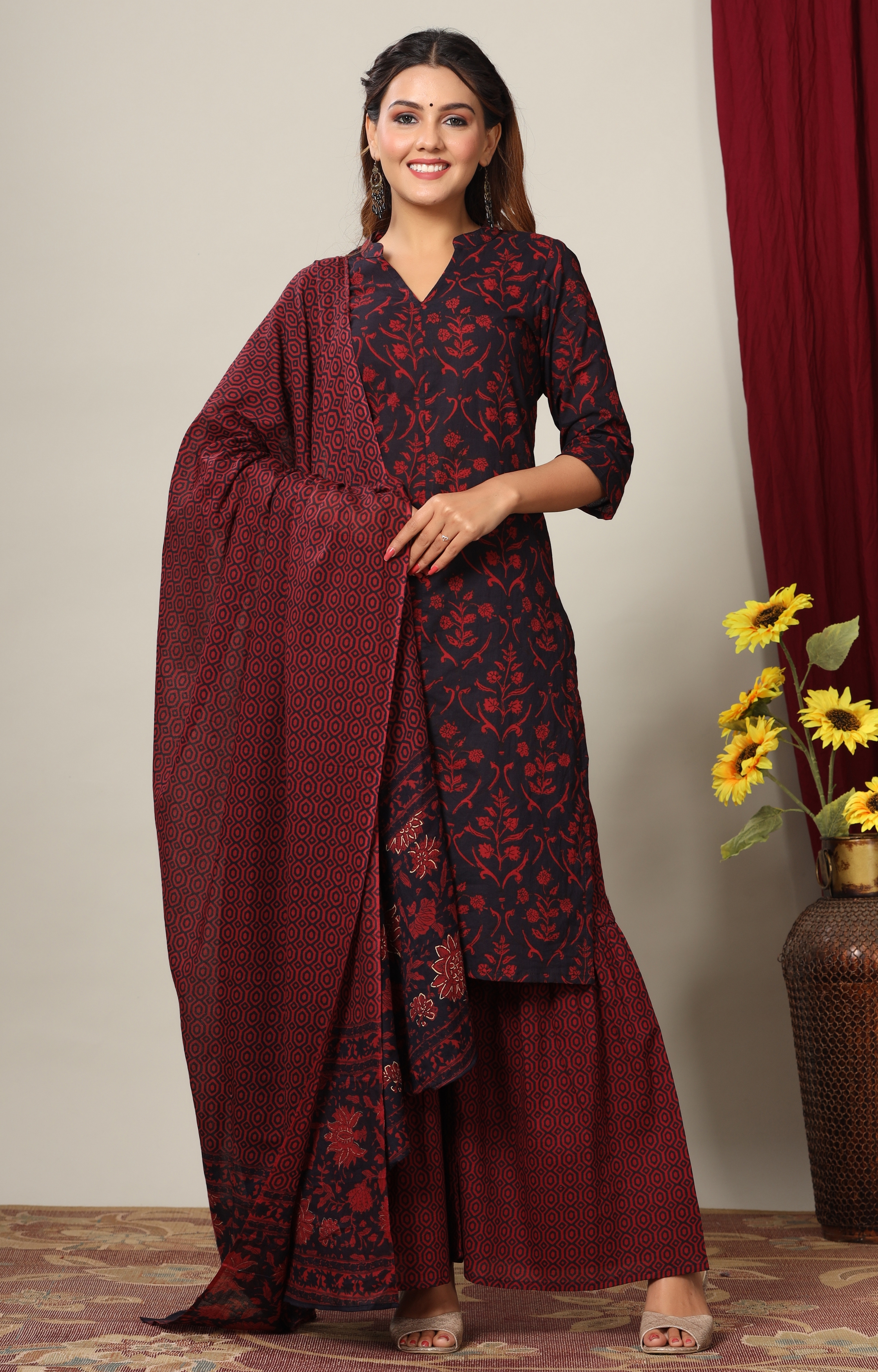 Miravan | Miravan Women's Cotton Floral Print Straight Kurta Sharara Dupatta Set 0