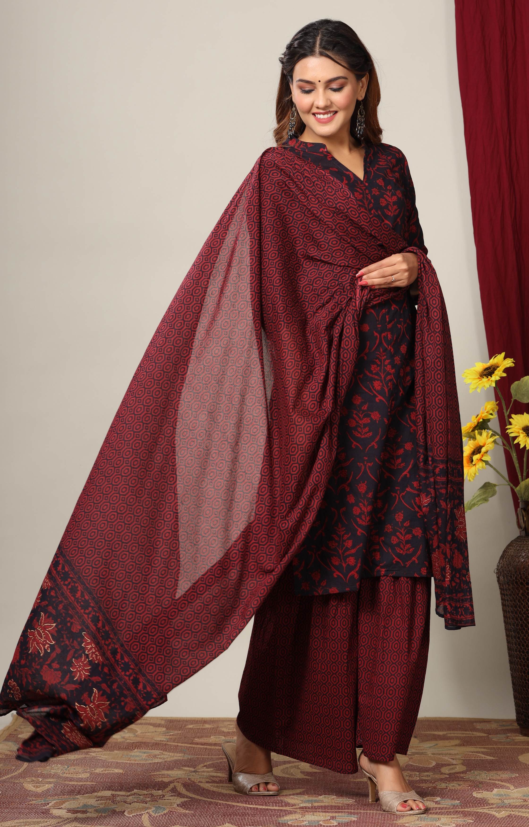 Miravan | Miravan Women's Cotton Floral Print Straight Kurta Sharara Dupatta Set 3