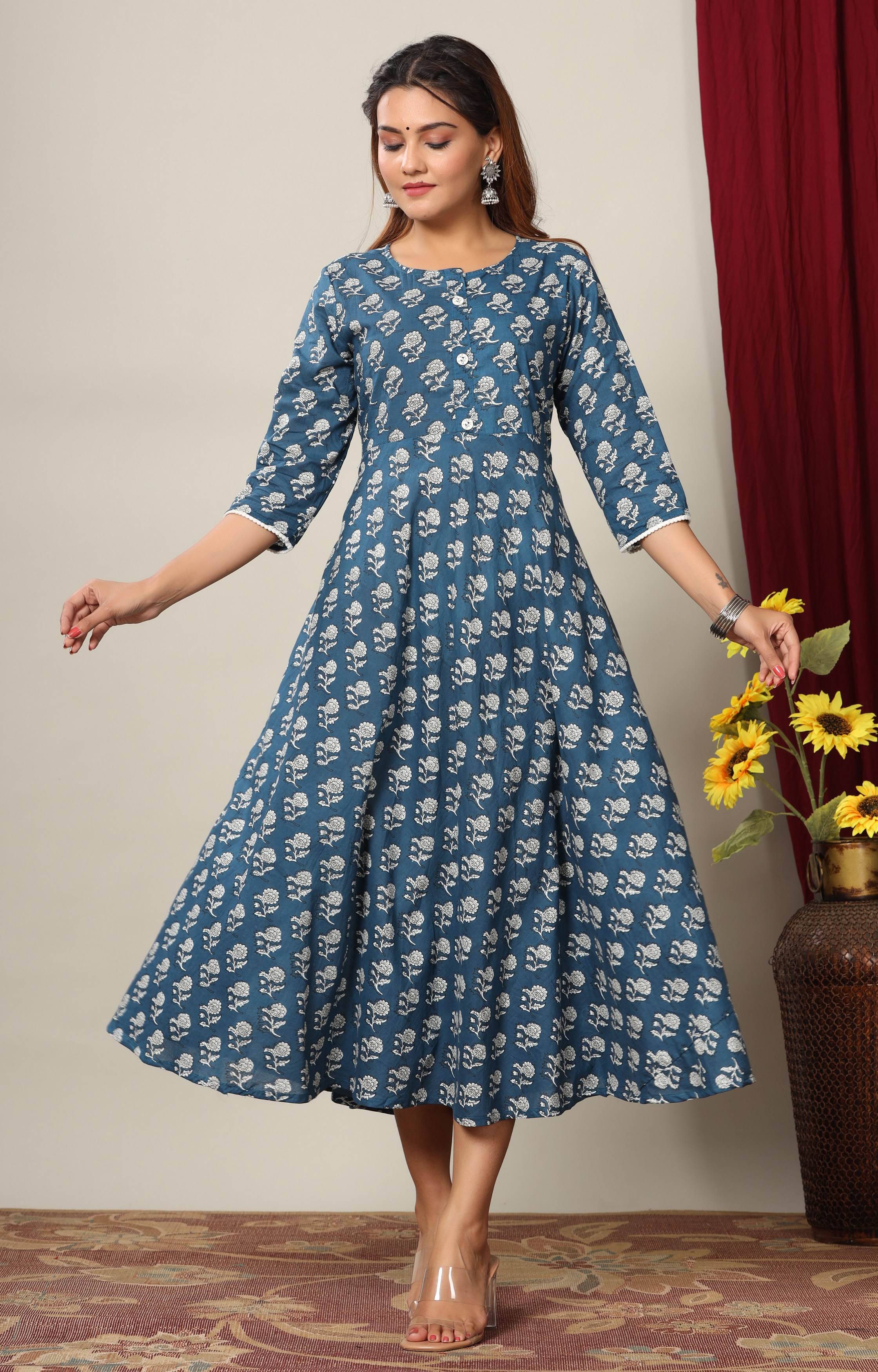Miravan Women's Cotton Floral Printed Anarkali Kurta