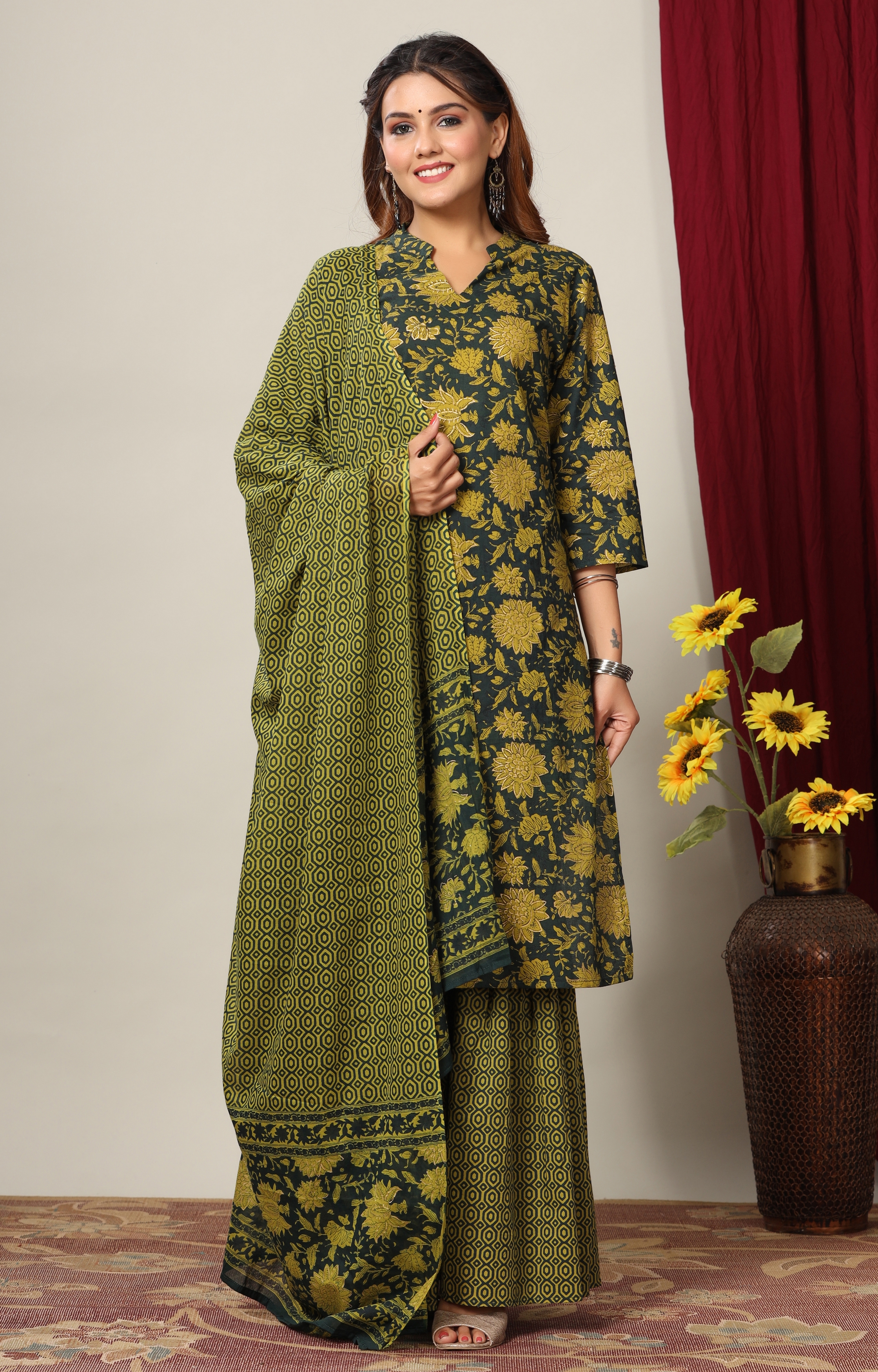 Miravan | Miravan Womens Cotton Floral Printed Straight Kurta And Sharara With Dupatta Set 0