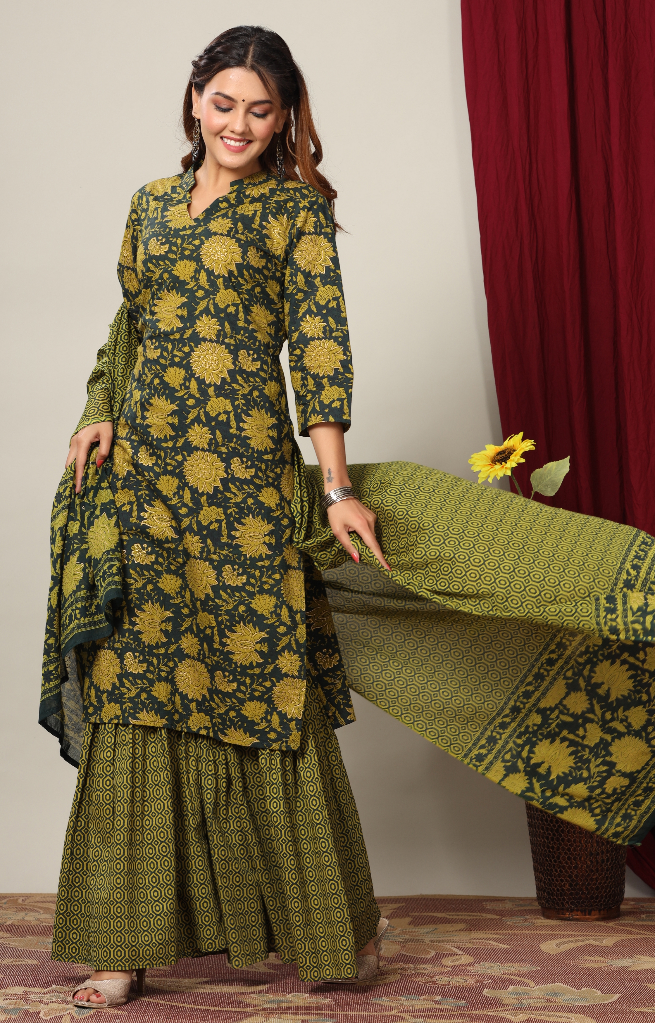 Miravan | Miravan Womens Cotton Floral Printed Straight Kurta And Sharara With Dupatta Set 1
