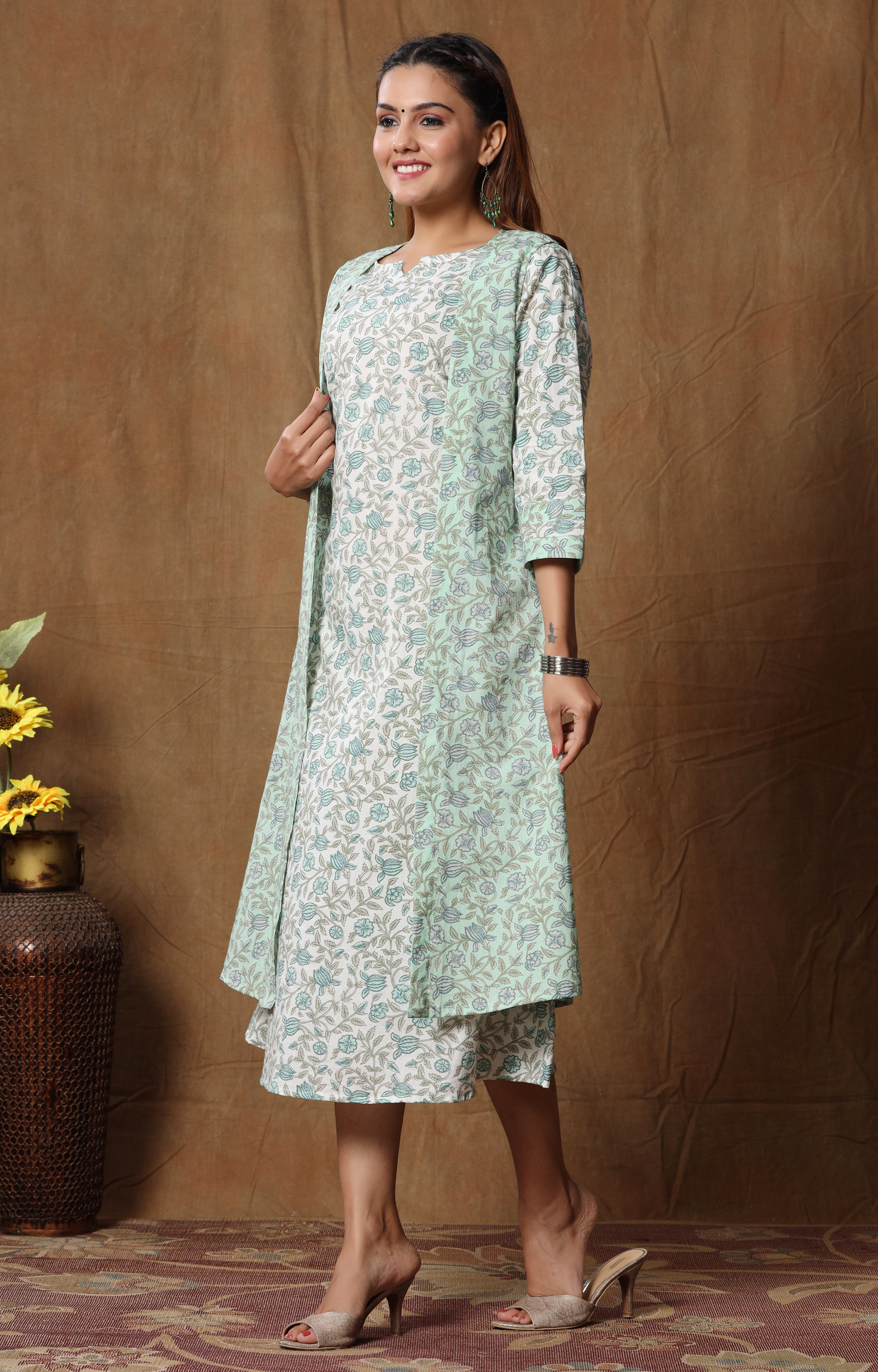 Miravan Women's Cotton Floral Print A-line Kurta with Jacket

 
