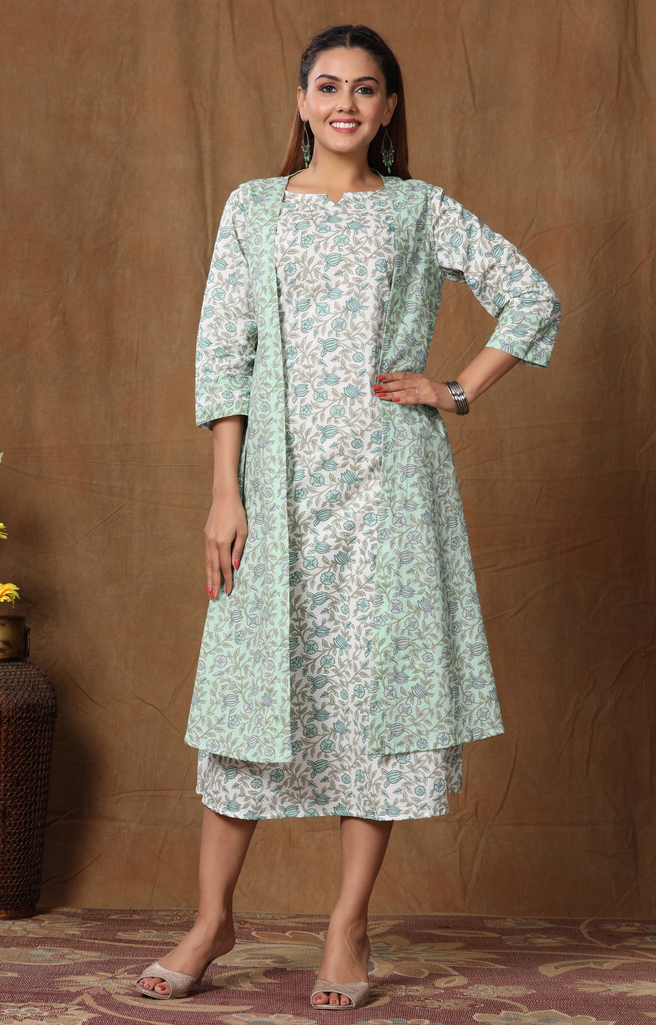 Miravan Women's Cotton Floral Print A-line Kurta with Jacket

 