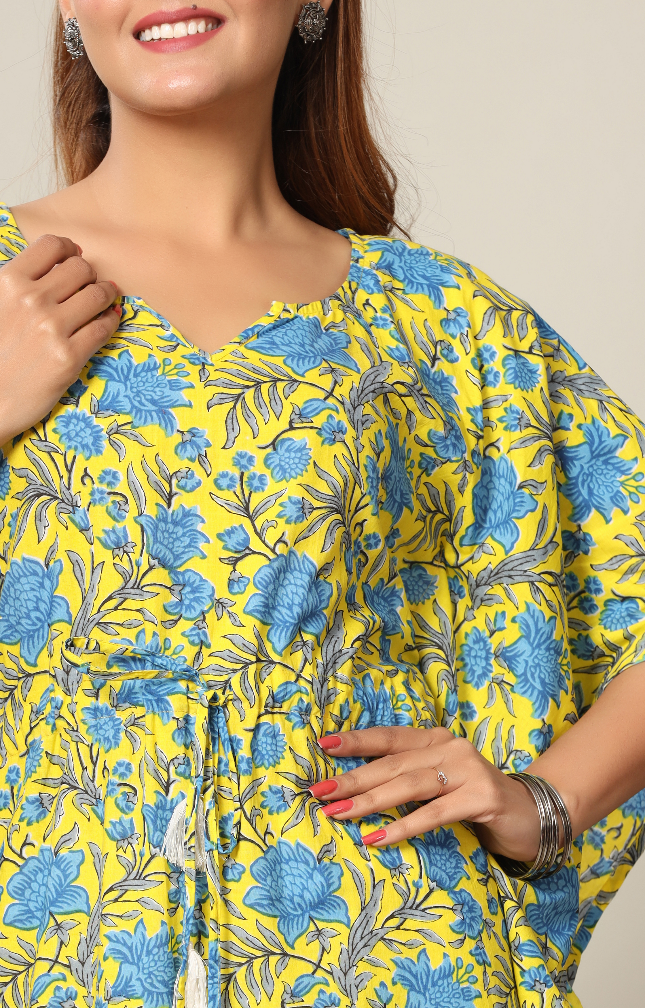 Miravan Womens Floral Printed Cotton Kaftan Kurta