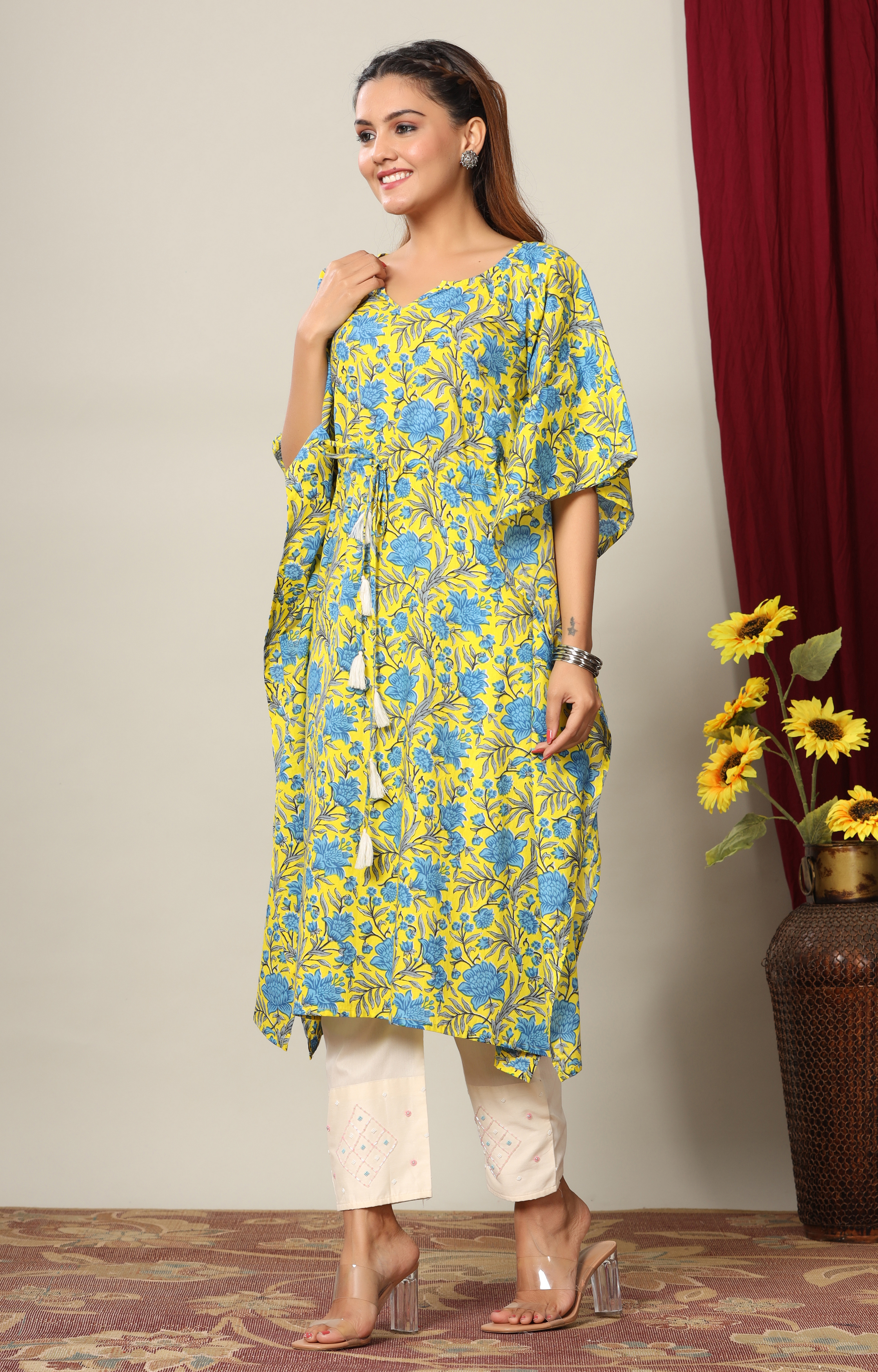 Miravan Womens Floral Printed Cotton Kaftan Kurta