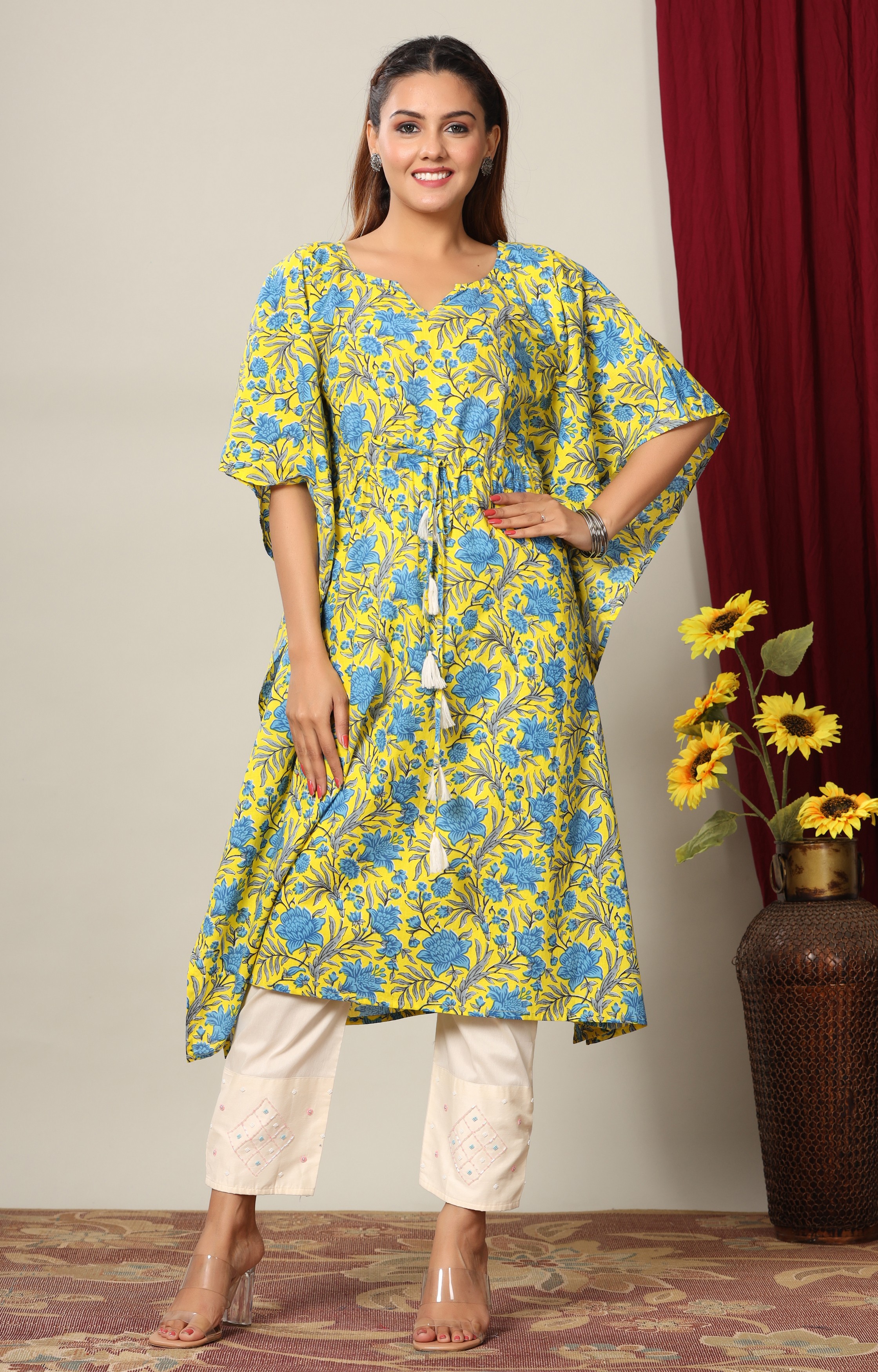 Miravan Womens Floral Printed Cotton Kaftan Kurta