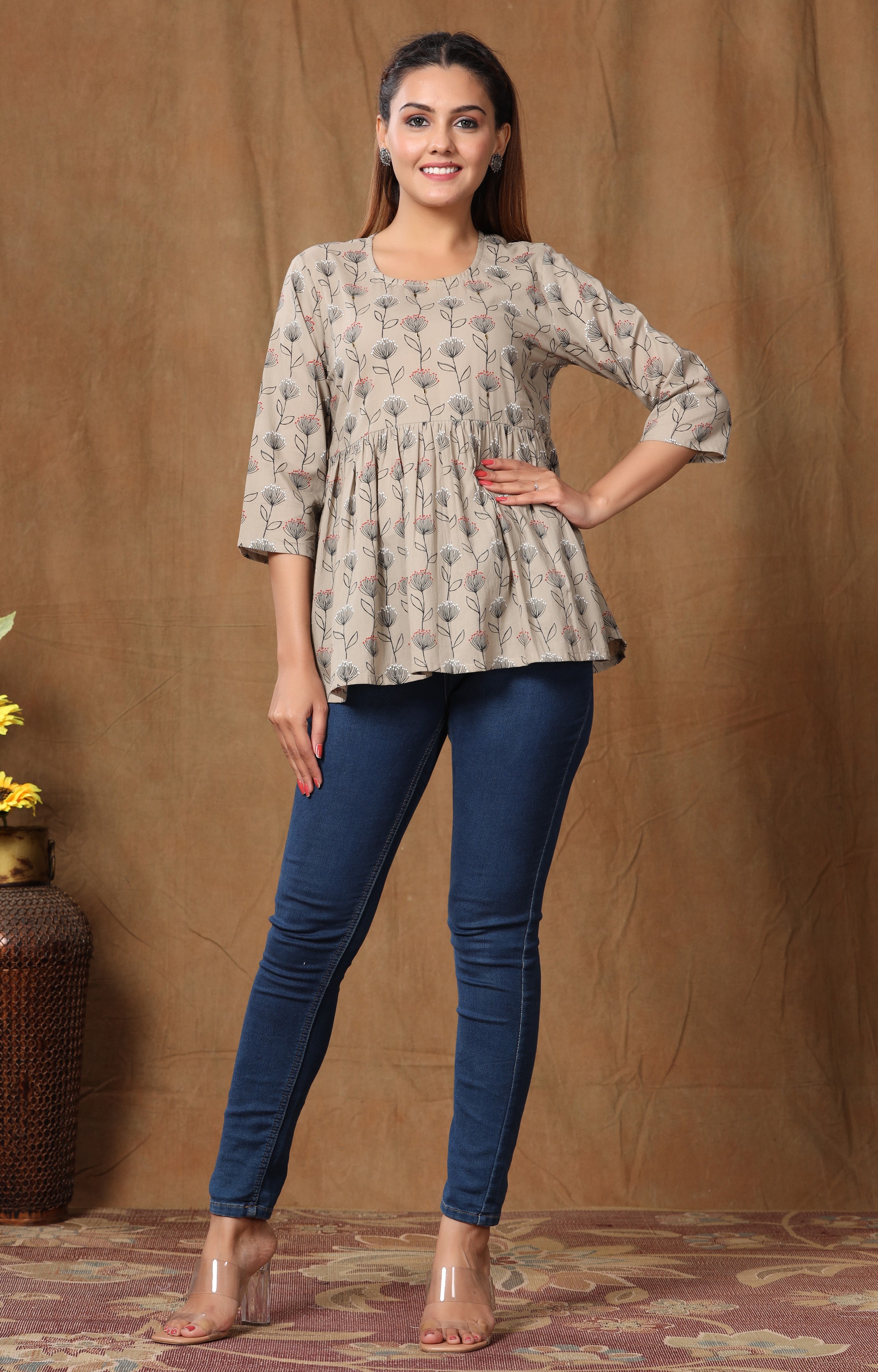 Miravan Womens Cotton Floral Printed Peplum Top