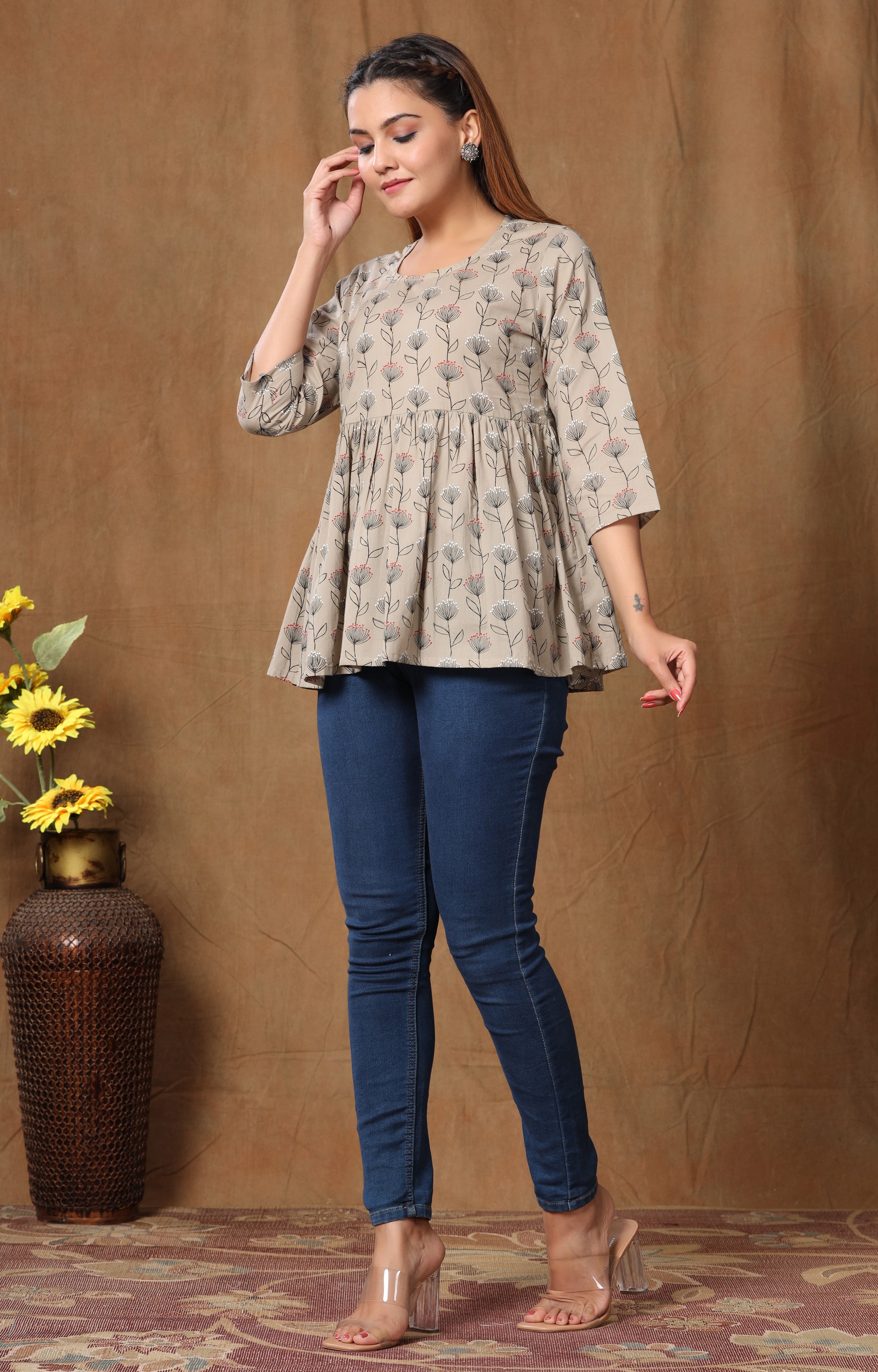 Miravan Womens Cotton Floral Printed Peplum Top