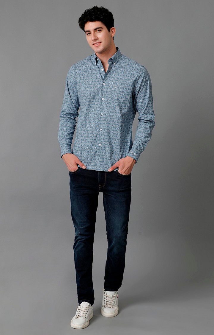 Men's Blue Cotton Floral Casual Shirt