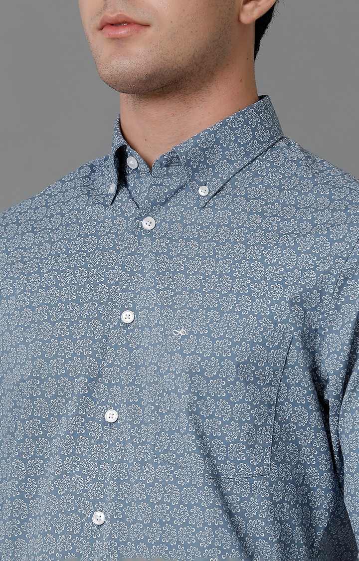 Men's Blue Cotton Floral Casual Shirt