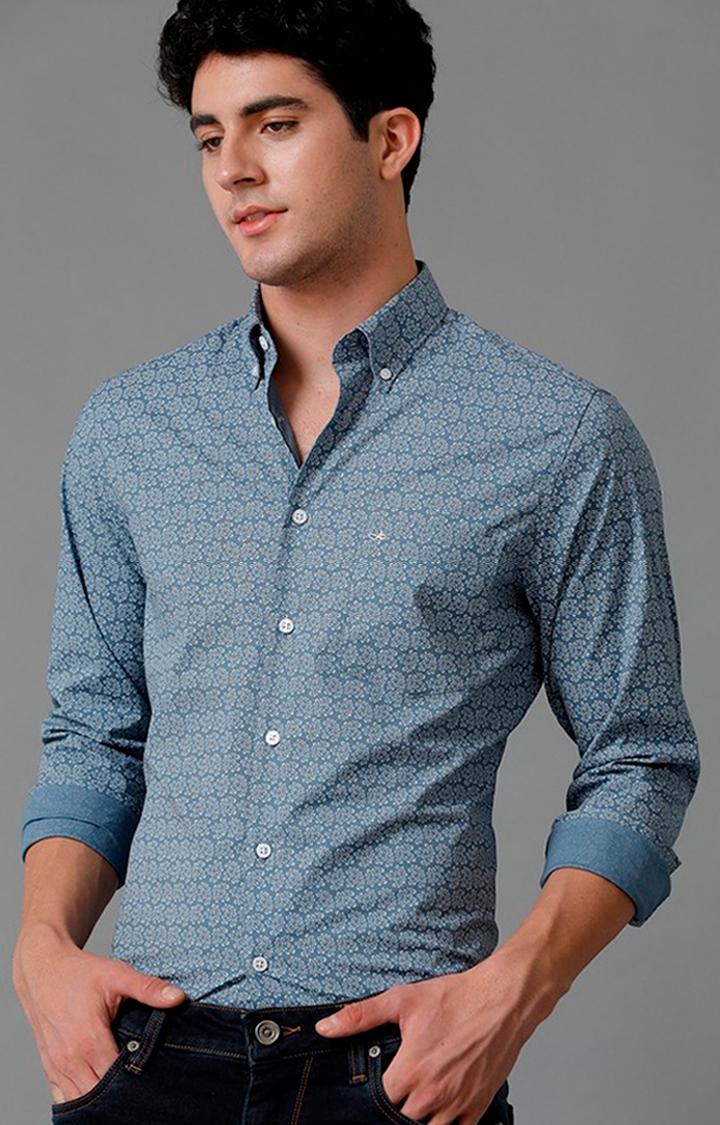 Men's Blue Cotton Floral Casual Shirt
