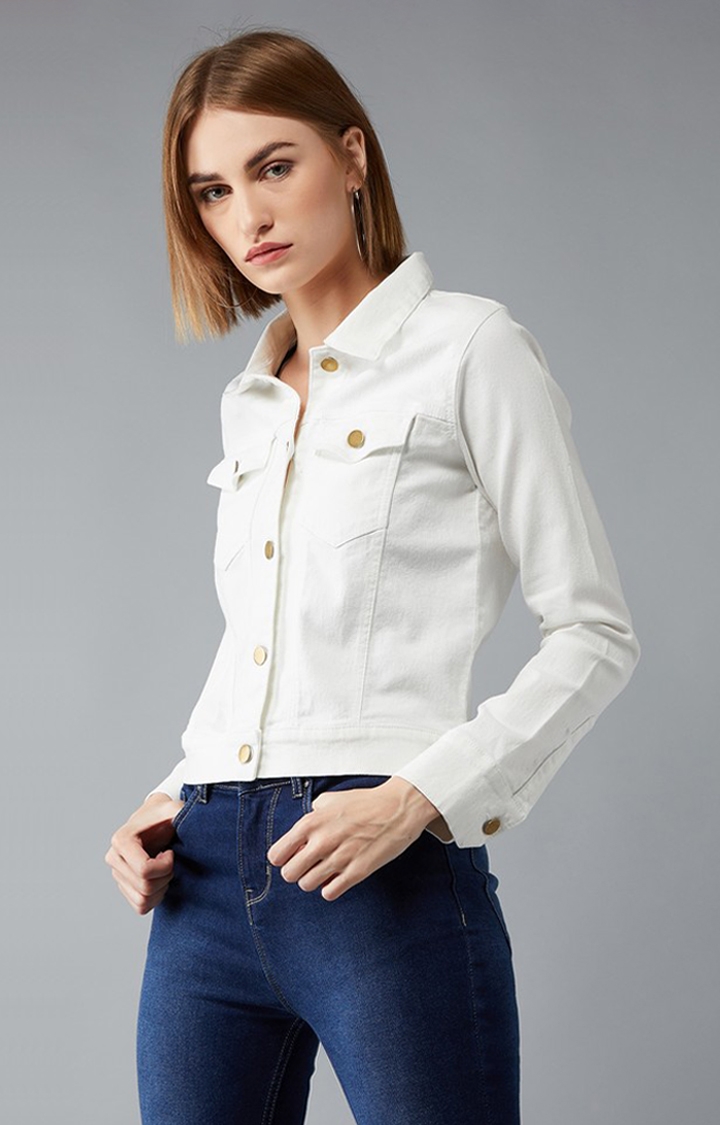 Women's White Cotton Solid Denim Jacket