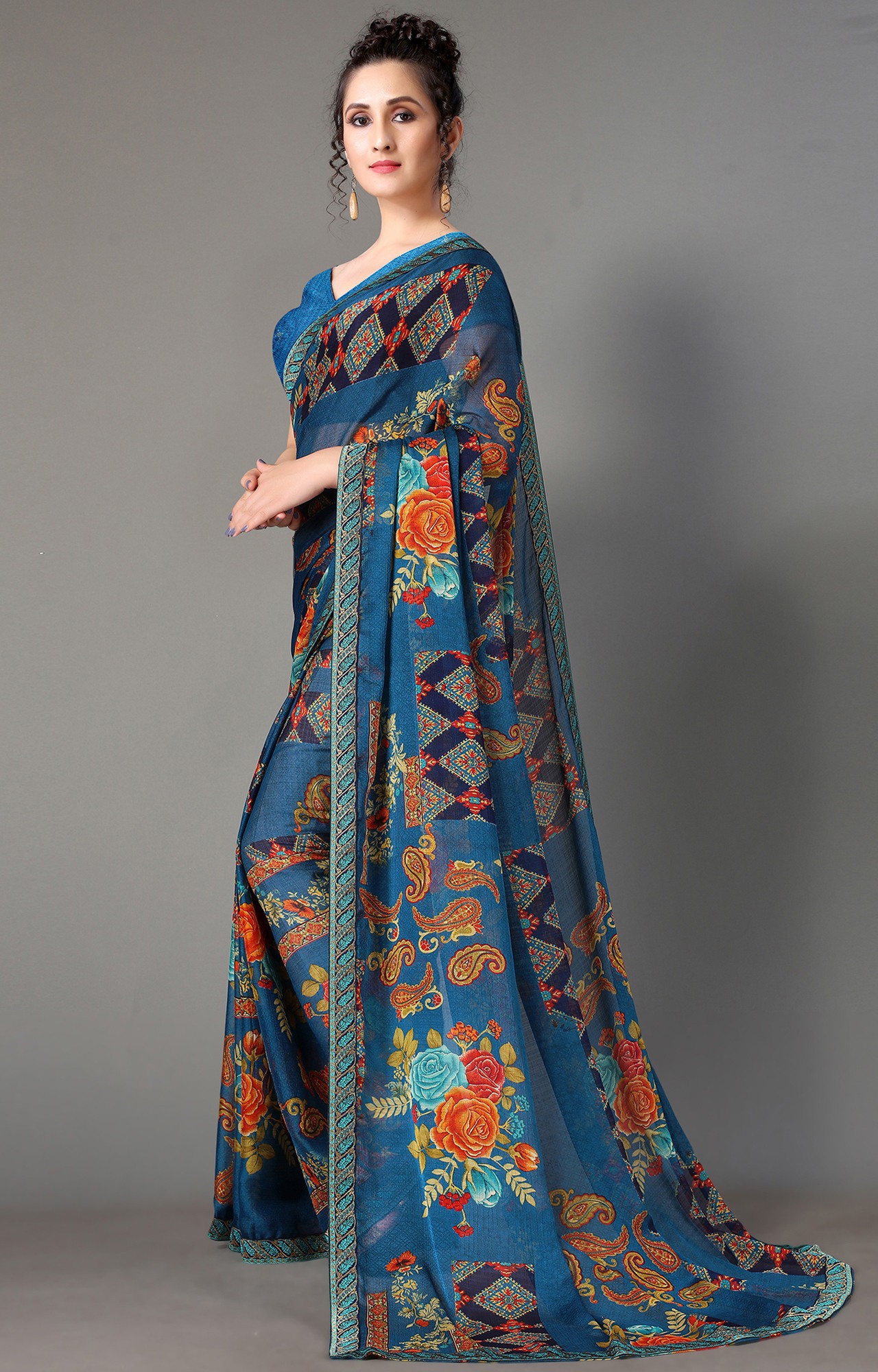 Women Blue Chiffon Floral Print Saree-S_L21SHUBHLABH31003SSR01