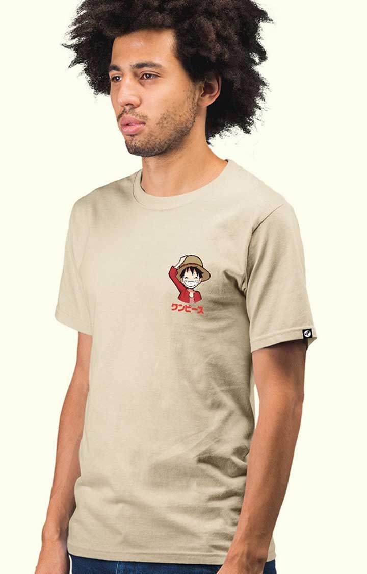 Run Luffy Men's Regular Fit Beige Half Sleeve T Shirt