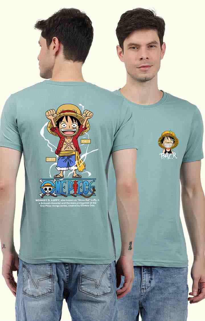 Luffy One Piece Men's Regular Fit Mint Green Half Sleeve T Shirt