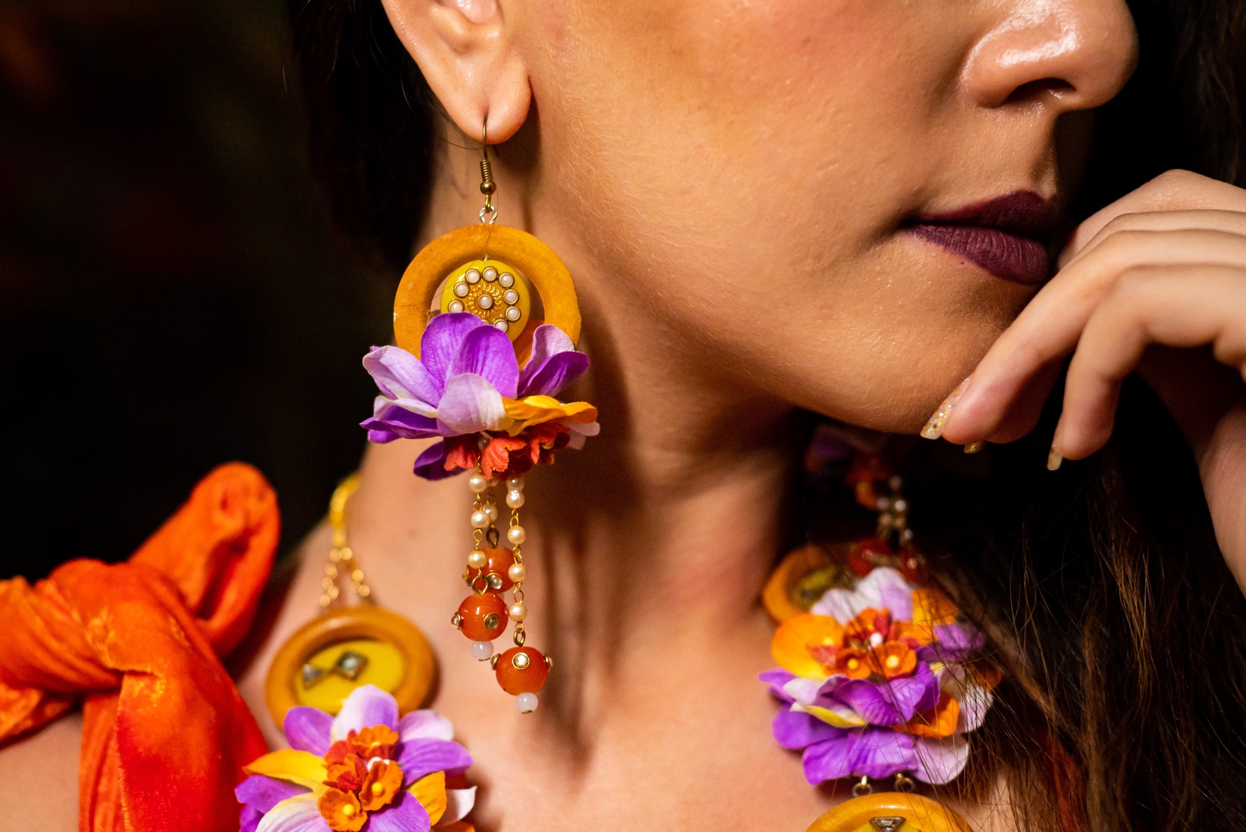 Floral art | Purple & Gold Floral Long Earings with wooden Bottons for Women undefined