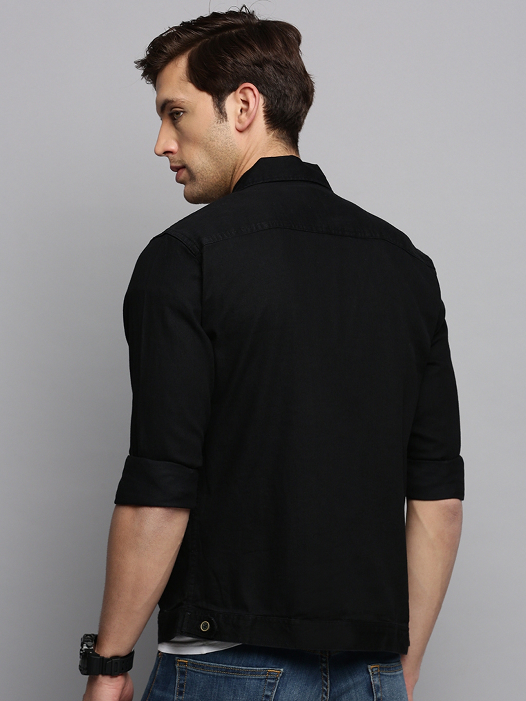 Showoff | SHOWOFF Men's Spread Collar Solid Black Denim Jacket 3