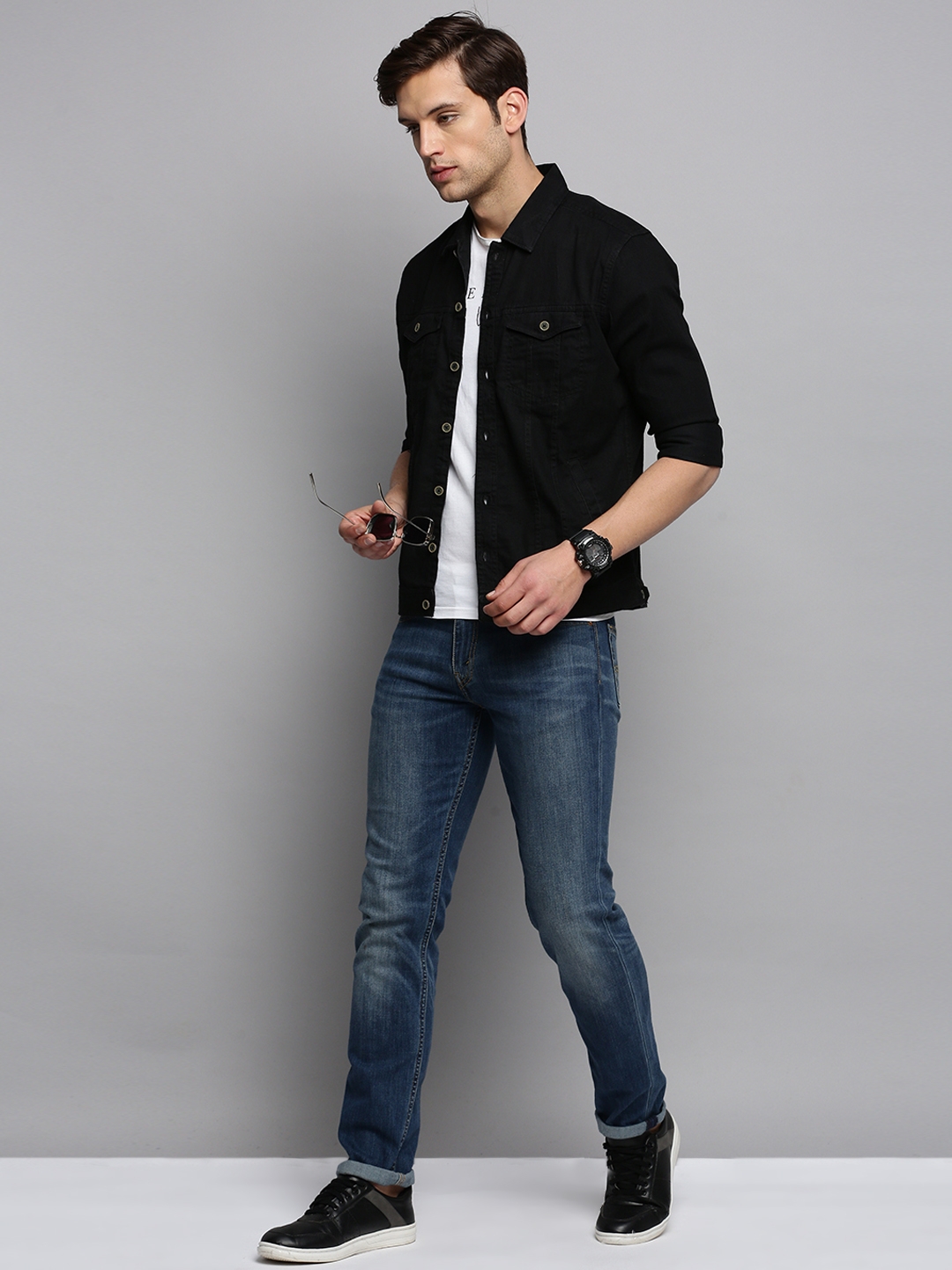 Showoff | SHOWOFF Men's Spread Collar Solid Black Denim Jacket 4