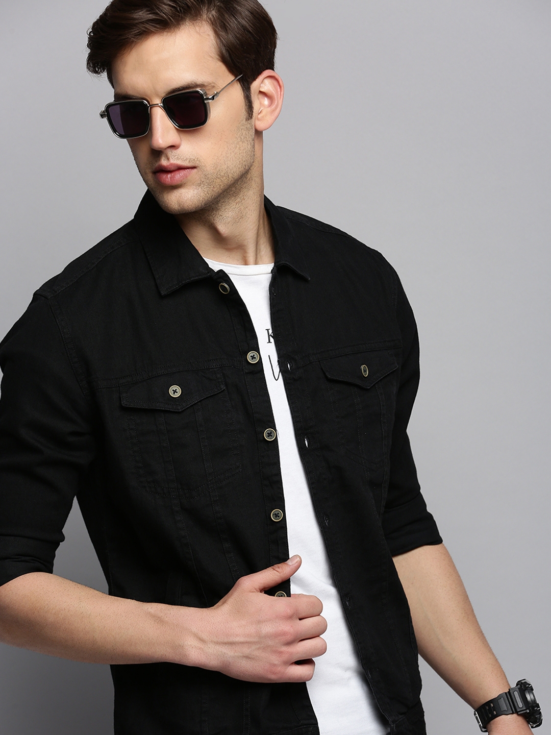 Buy Online Buttoned Black Denim Jacket for Men online at Zobello