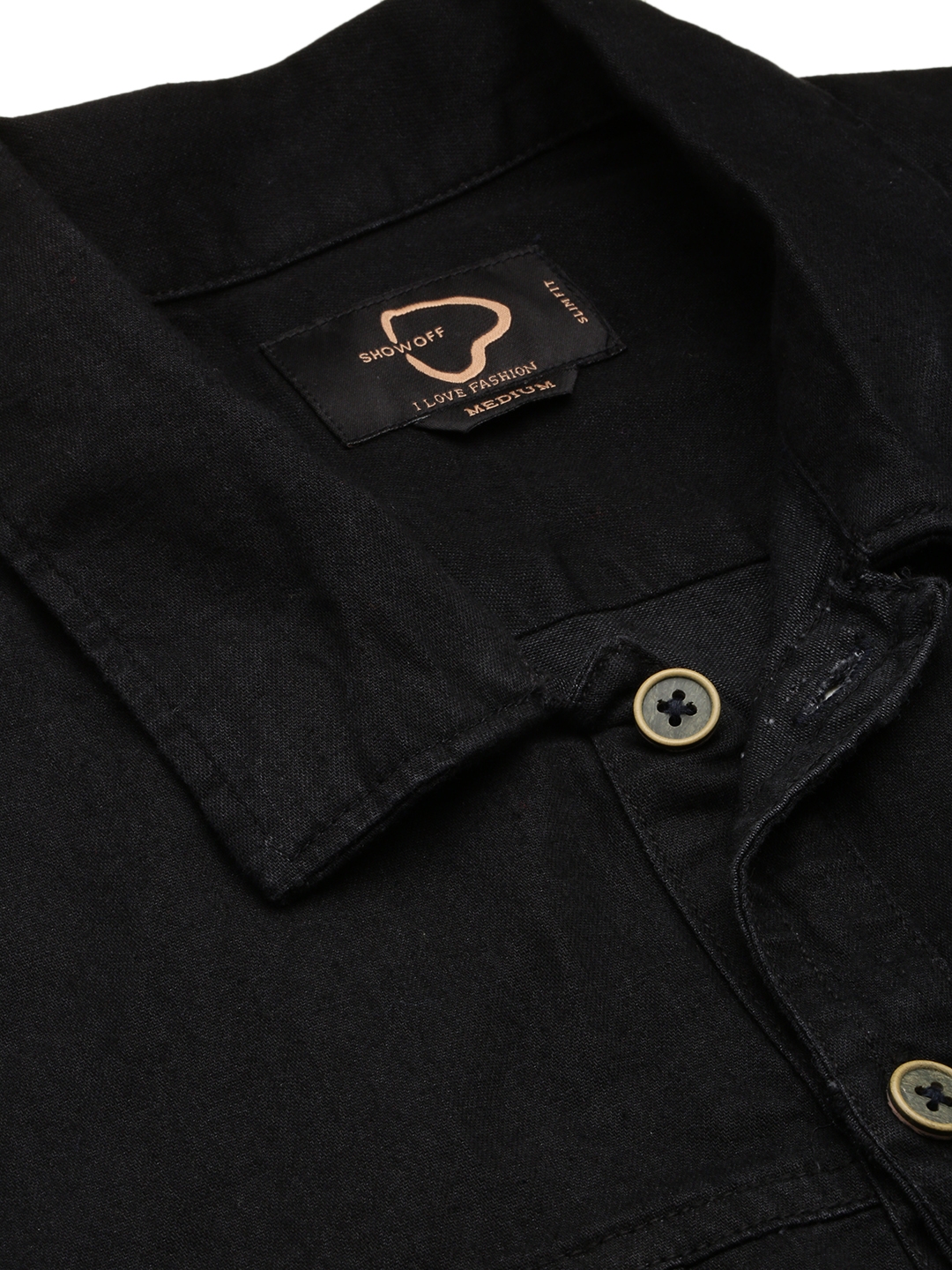 Showoff | SHOWOFF Men's Spread Collar Solid Black Denim Jacket 5