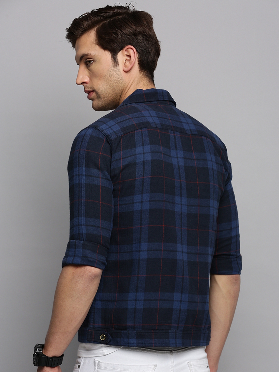 Showoff | SHOWOFF Men's Spread Collar Checked Navy Blue Open Front Jacket 3