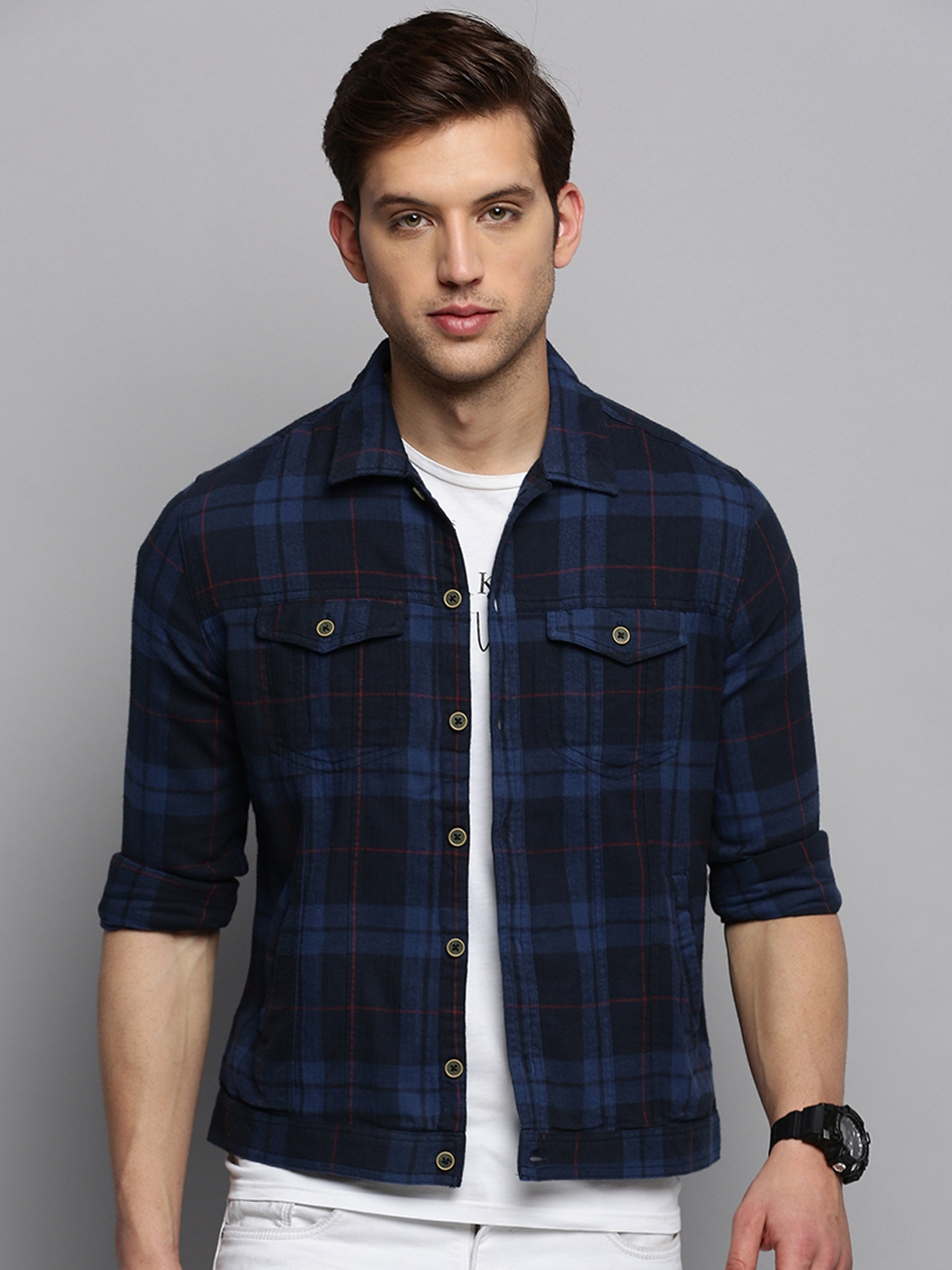 Showoff | SHOWOFF Men's Spread Collar Checked Navy Blue Open Front Jacket 1