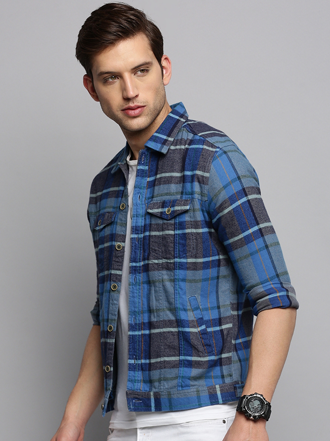 Showoff | SHOWOFF Men's Spread Collar Checked Blue Open Front Jacket 2